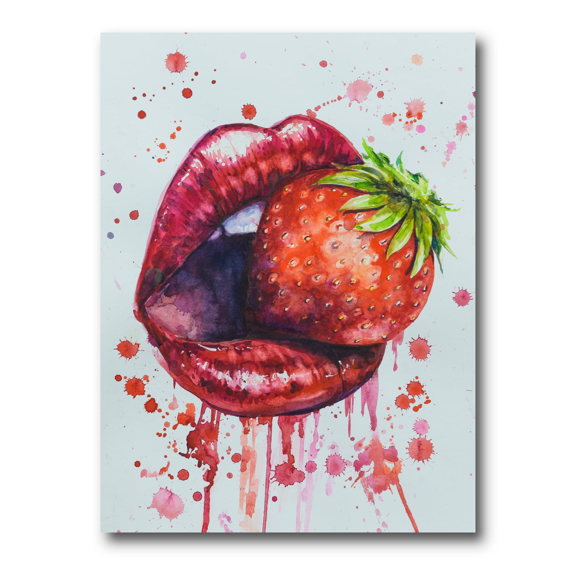 Designart ' Red Girl Lips Eating A Strawberry ' Modern Canvas Wall Art Print