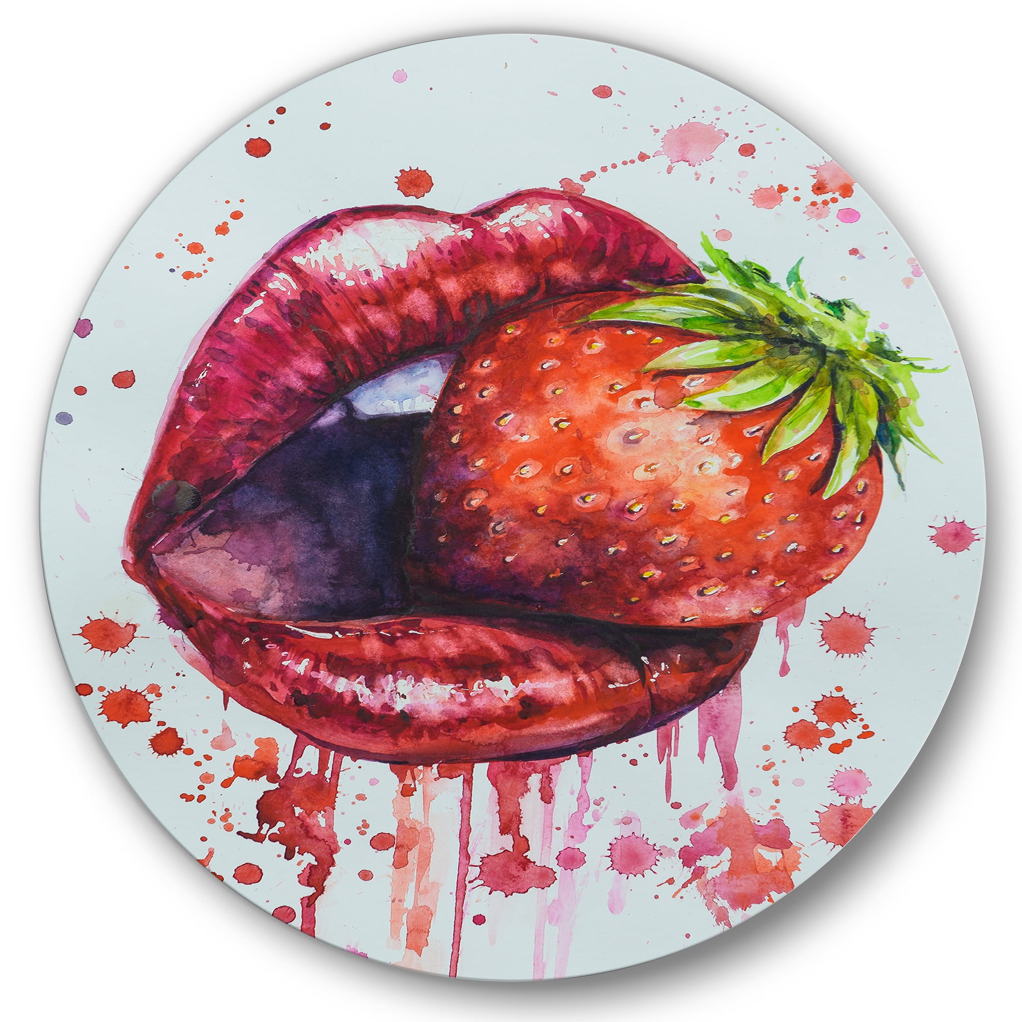 Designart 'Red Girl Lips Eating A Strawberry' Modern Circle Metal Wall Art 29x29 - Disc of 29