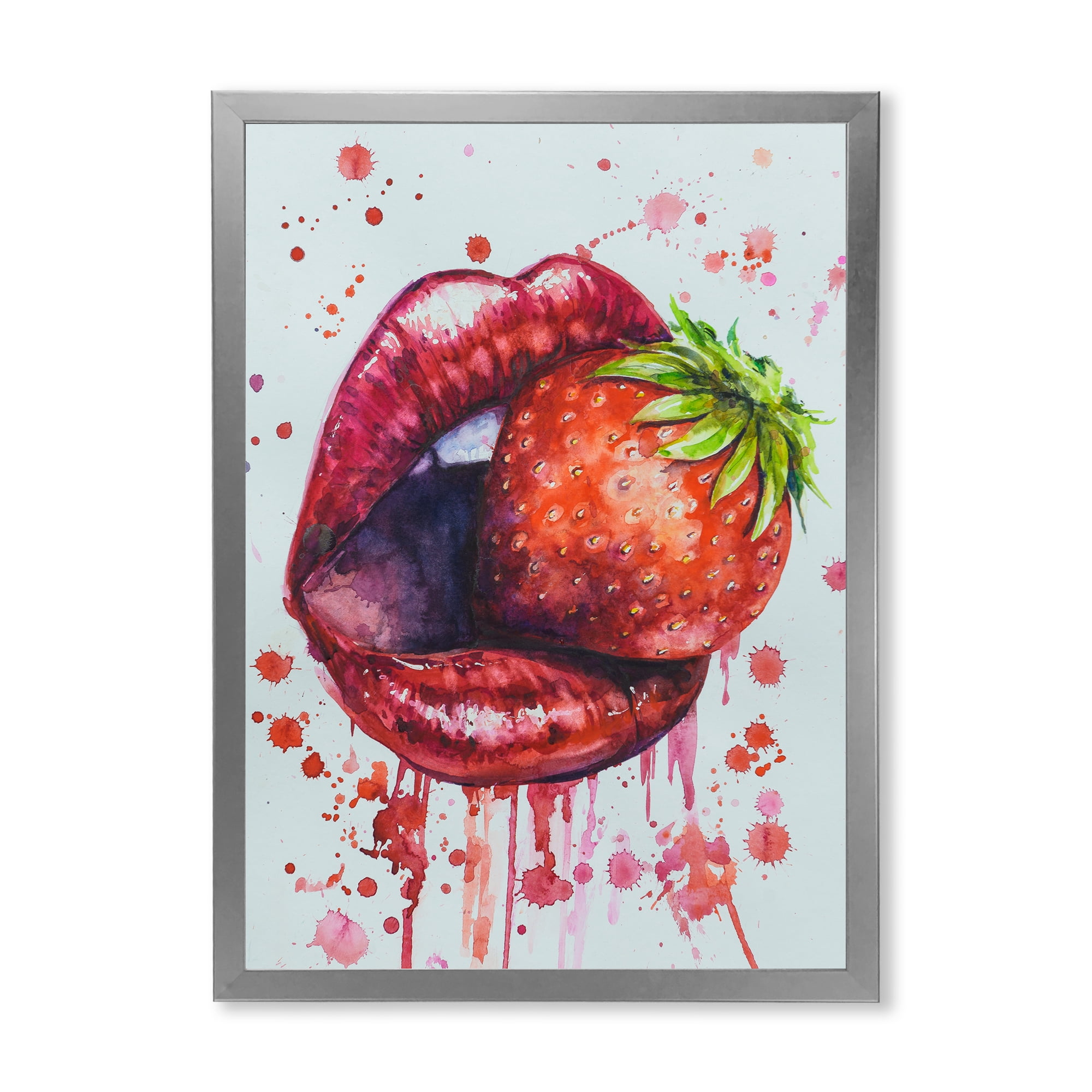 Designart 'Red Girl Lips Eating A Strawberry' Modern Framed Art Print