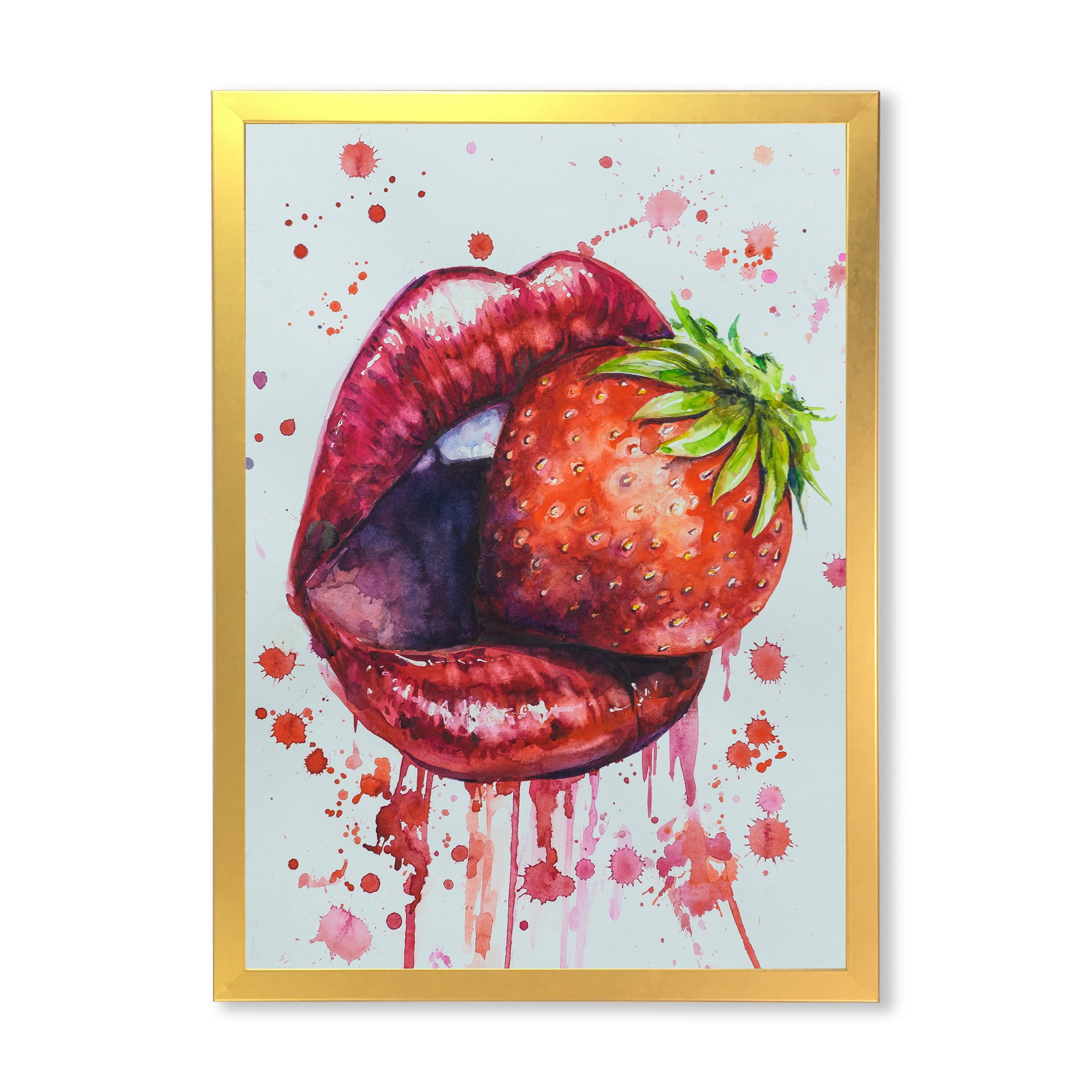 Designart 'Red Girl Lips Eating A Strawberry' Modern Framed Art Print