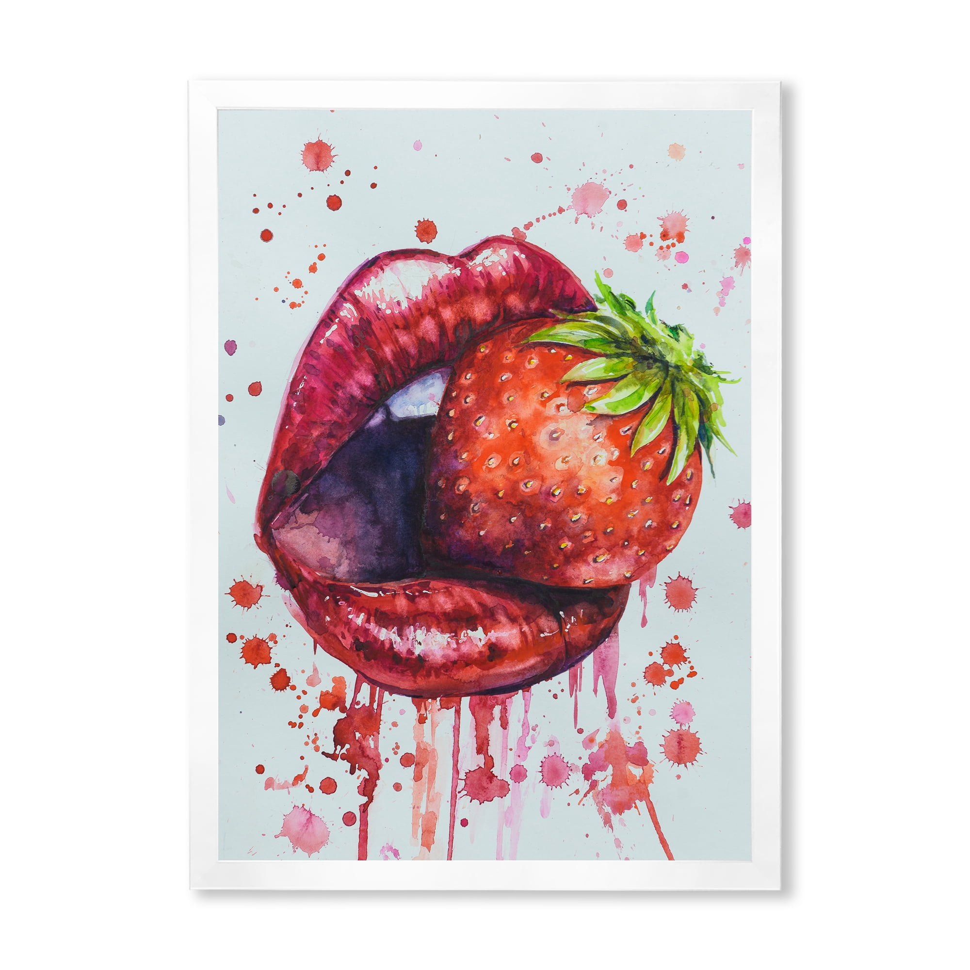 Designart 'Red Girl Lips Eating A Strawberry' Modern Framed Art Print