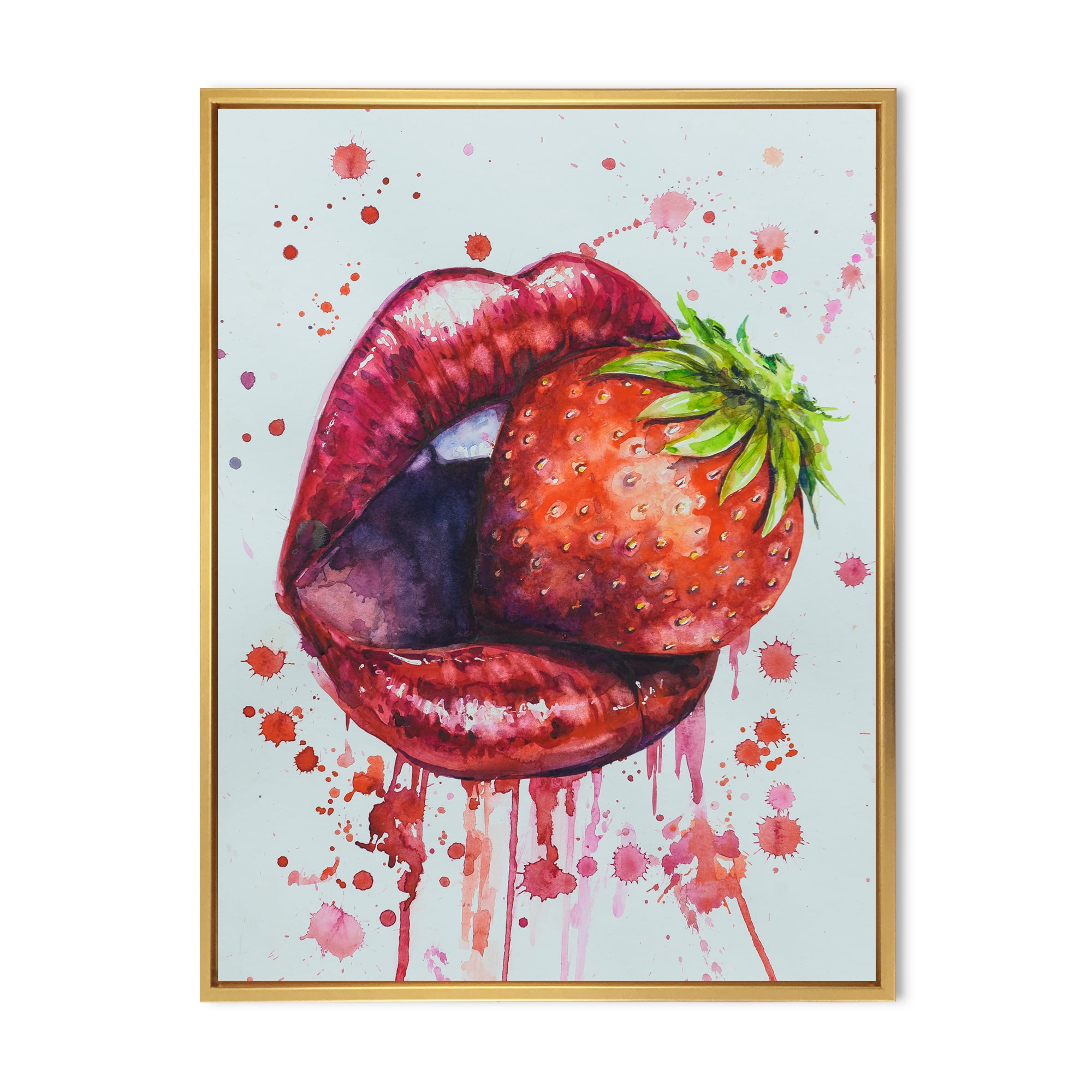 Designart 'Red Girl Lips Eating A Strawberry' Modern Framed Canvas Wall Art Print