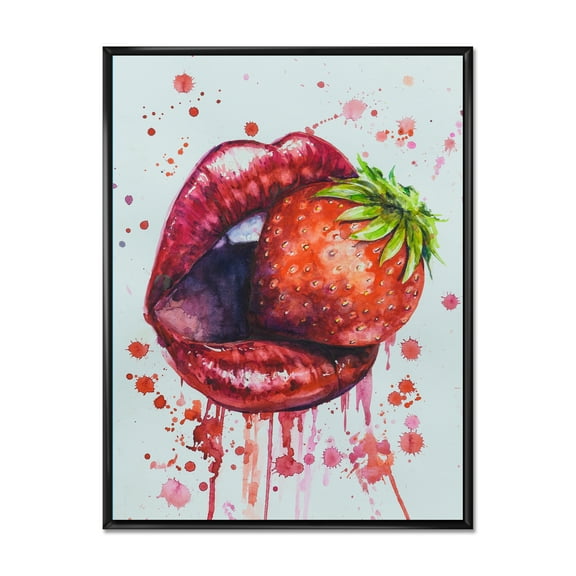 Designart 'Red Girl Lips Eating A Strawberry' Modern Framed Canvas Wall Art Print