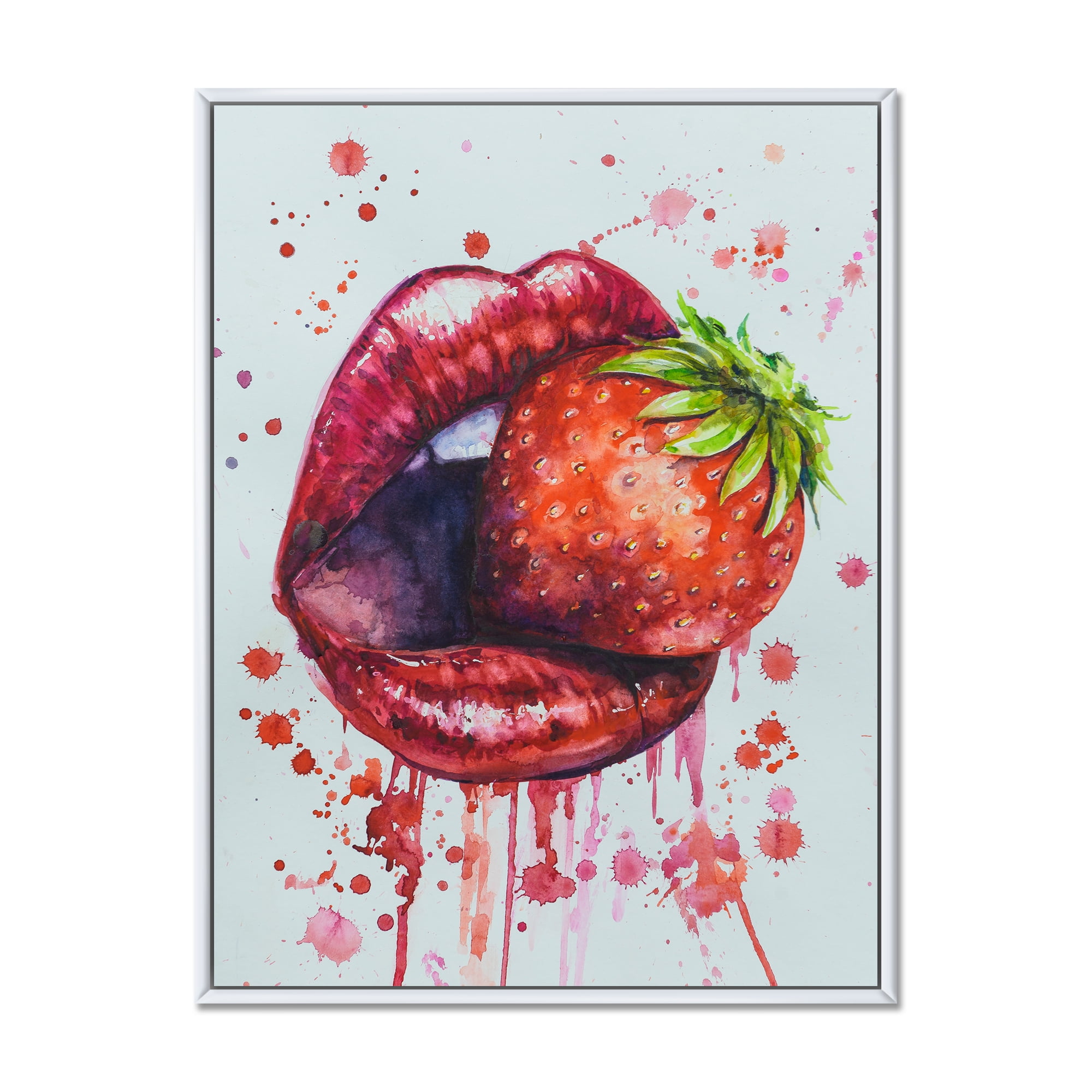 Designart 'Red Girl Lips Eating A Strawberry' Modern Framed Canvas Wall Art Print