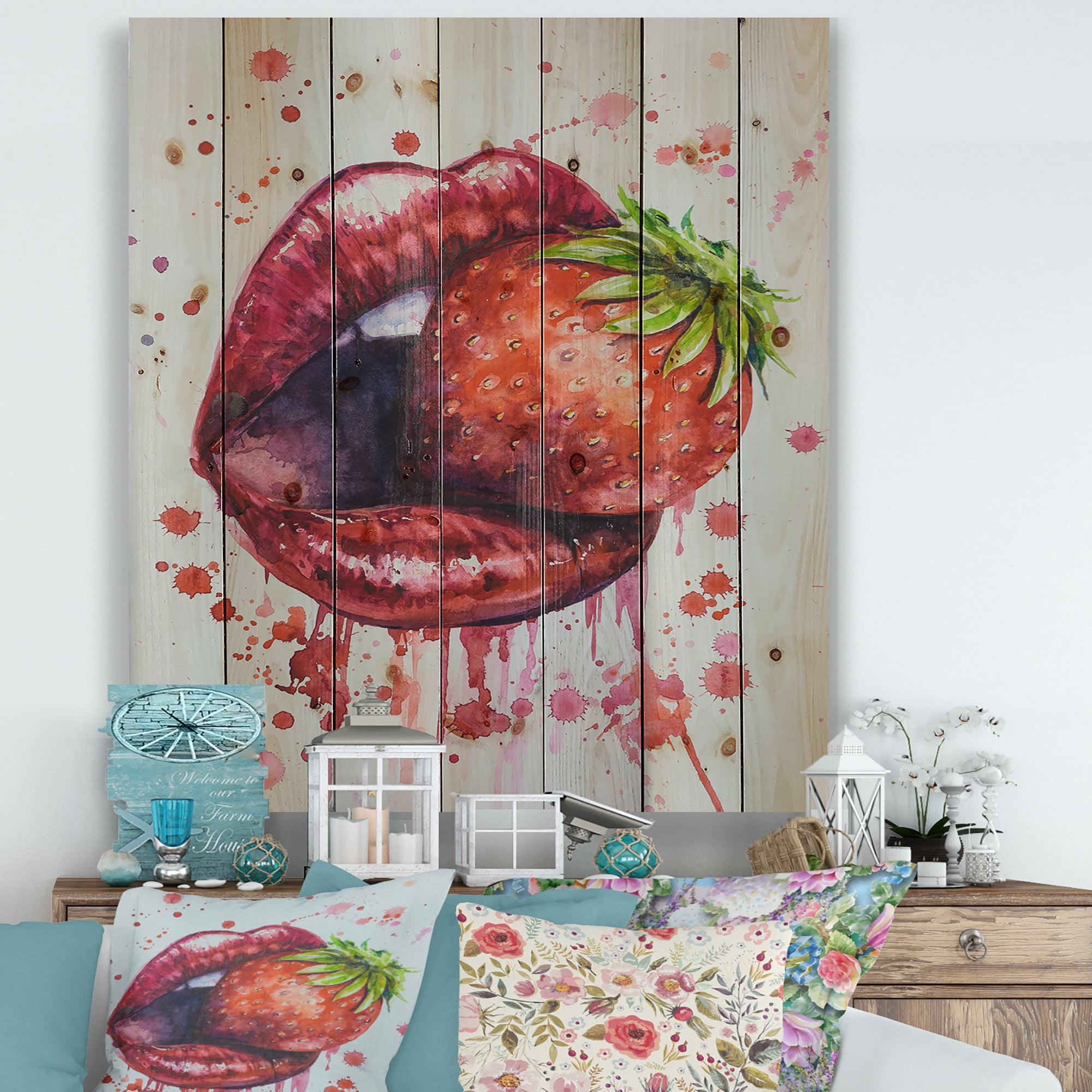 Designart 'Red Girl Lips Eating A Strawberry' Modern Print on Natural Pine Wood