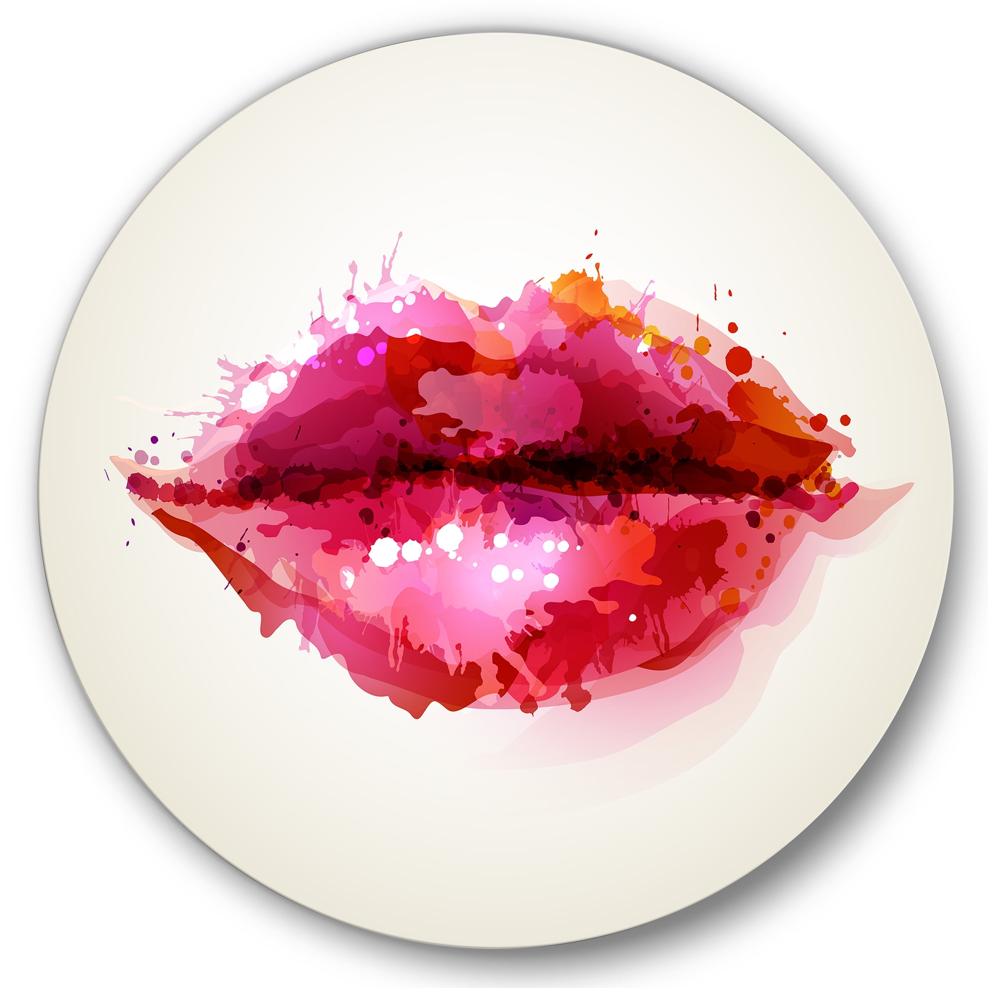 Designart 'Red Girl Lips Formed By Abstract Blots' Modern Circle Metal Wall Art 11x11 - Disc of 11