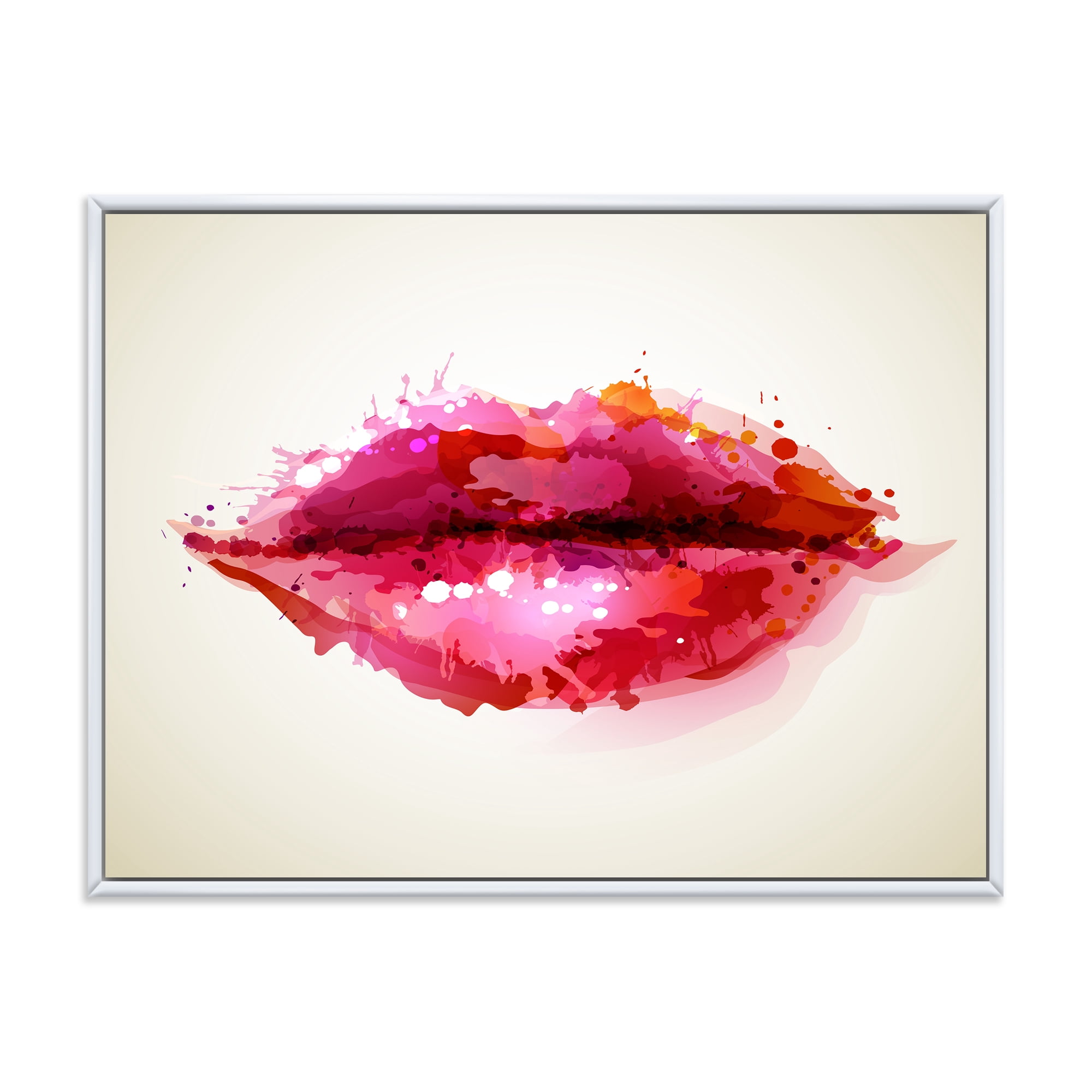 Designart 'Red Girl Lips Formed By Abstract Blots' Modern Framed Canvas Wall Art Print