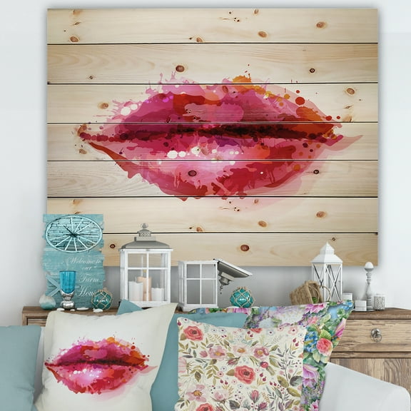 Designart 'Red Girl Lips Formed By Abstract Blots' Modern Print on Natural Pine Wood