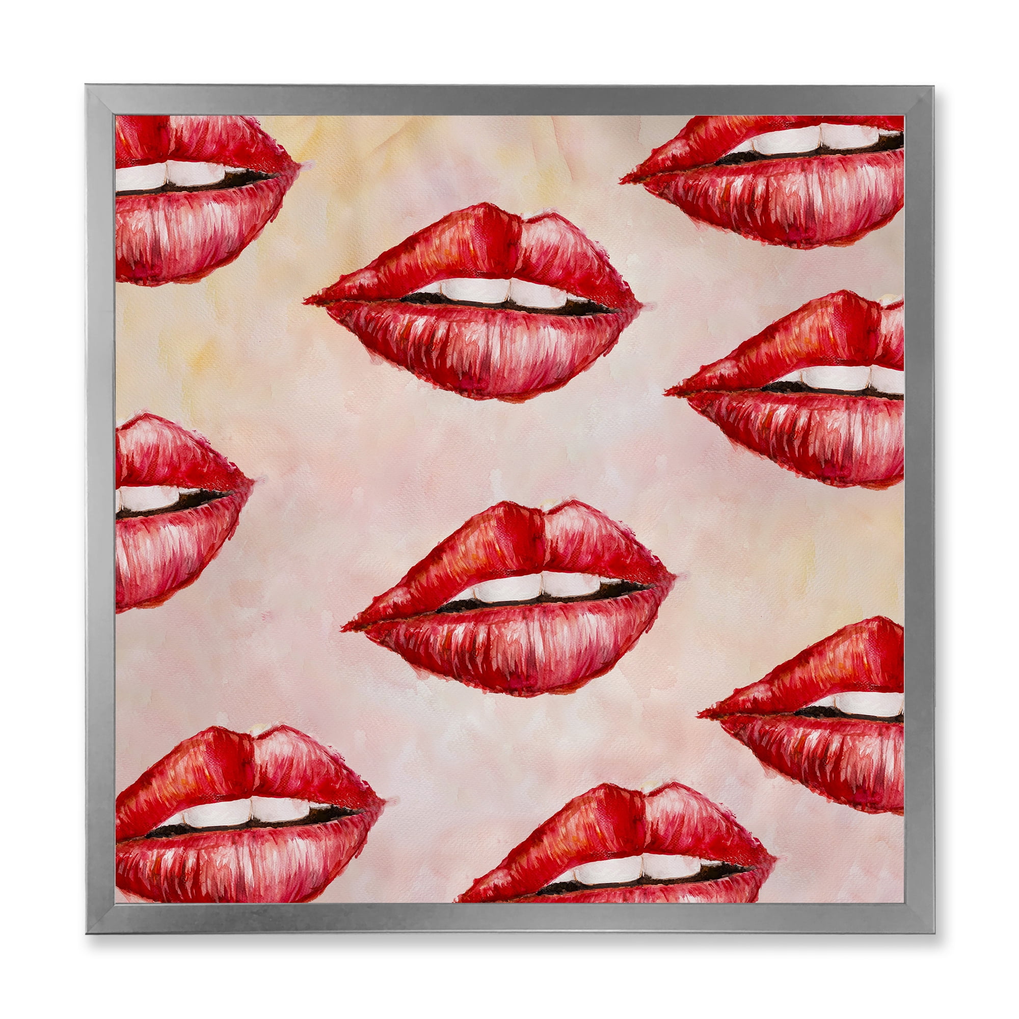 Designart 'Red Girl Lips Pattern' Modern Framed Art Print