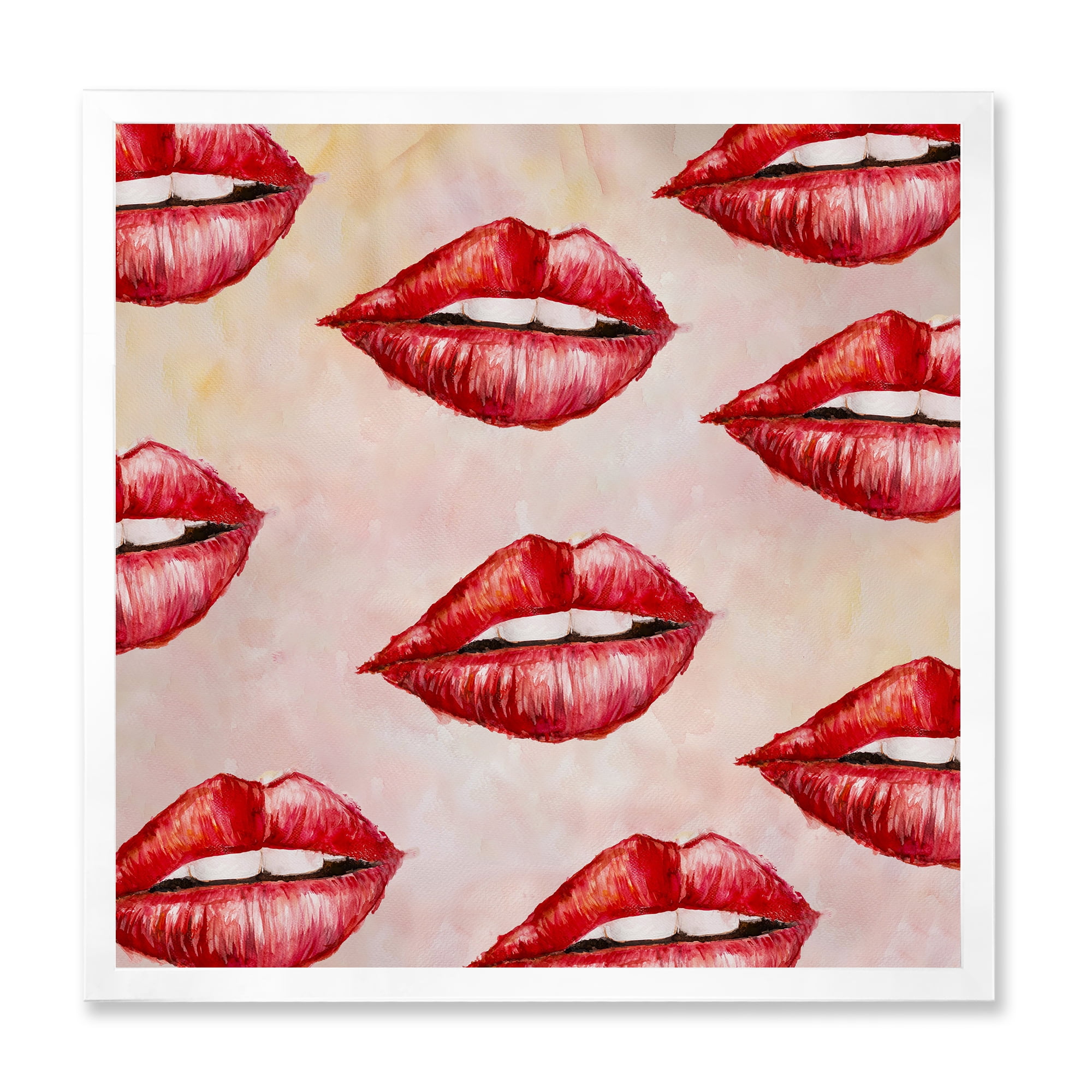 Designart 'Red Girl Lips Pattern' Modern Framed Art Print