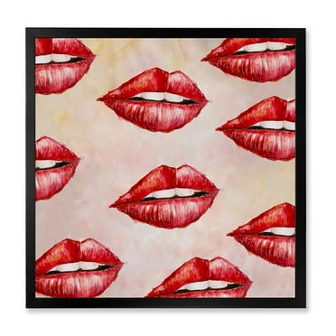 Designart 'Red Girl Lips Pattern' Modern Framed Art Print