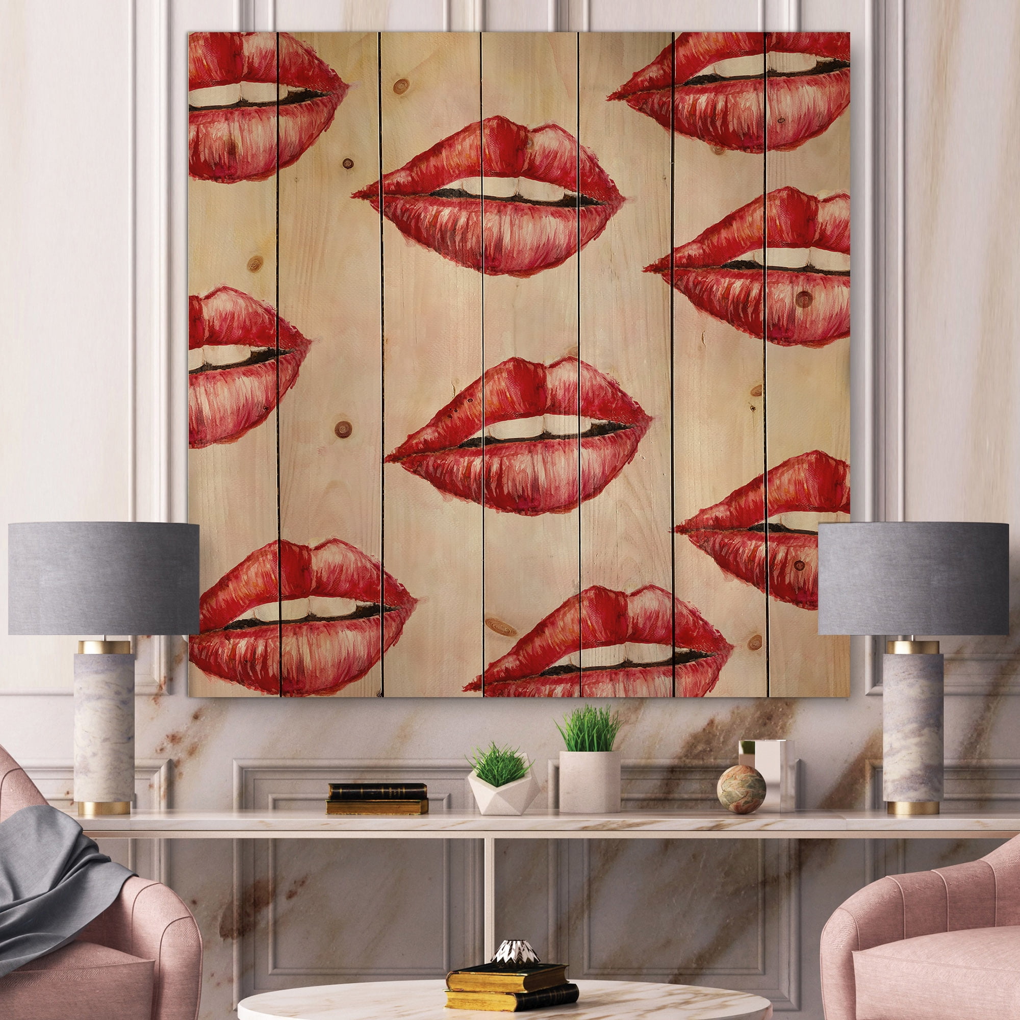 Designart 'Red Girl Lips Pattern' Modern Print on Natural Pine Wood