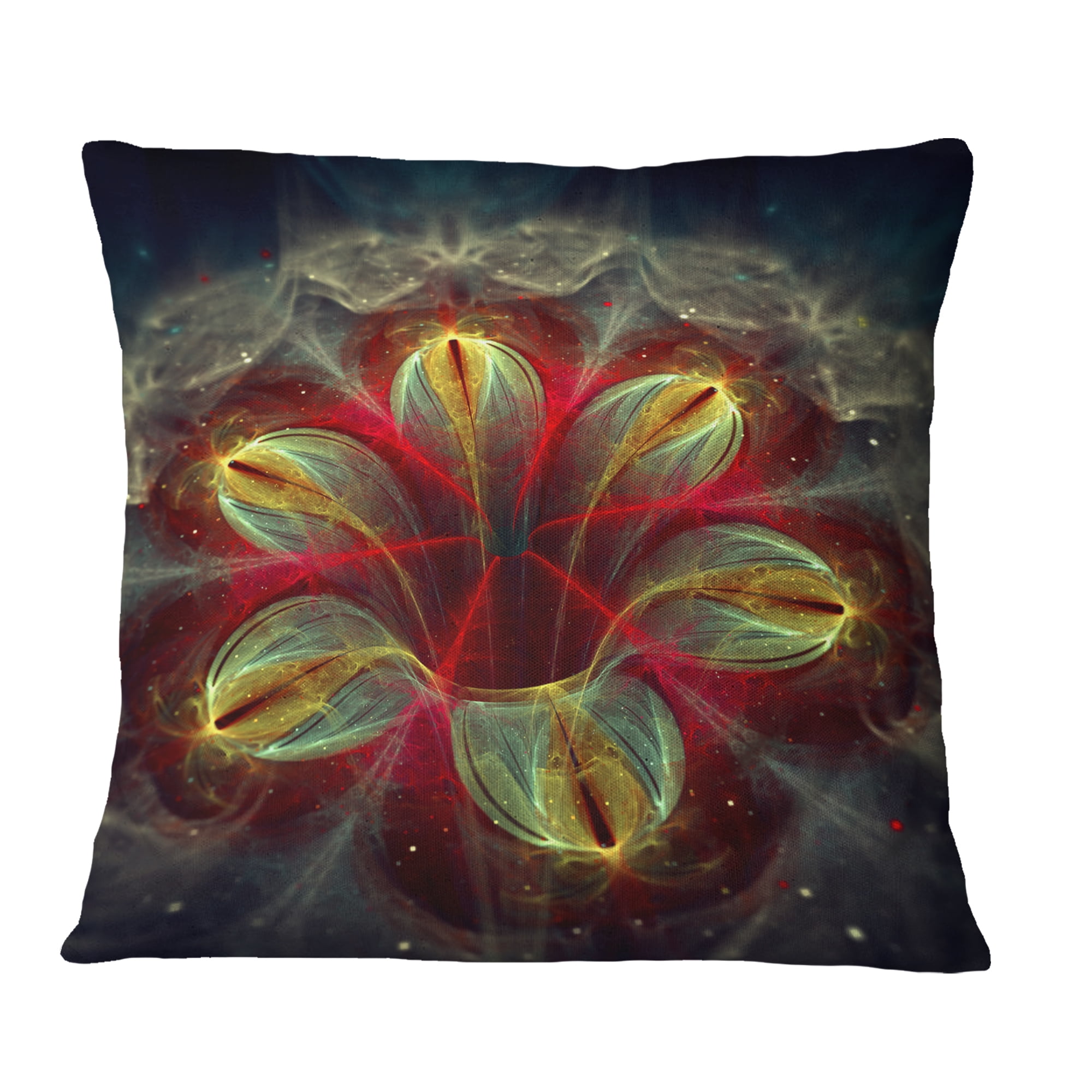Designart Red Golden Colorful Fractal Design - Floral Throw Pillow - 16x16
