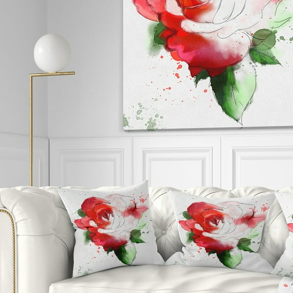 Designart Red Hand drawn Rose Illustration - Floral Throw Pillow - 16x16