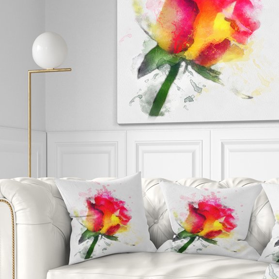 Designart Red Hand drawn Rose Watercolor - Flowers Throw Pillowwork - 16x16