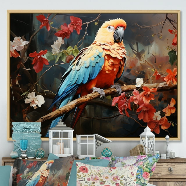 Designart "Red Harmony Among Parrots II" Parrot Floater Framed Wall Decor