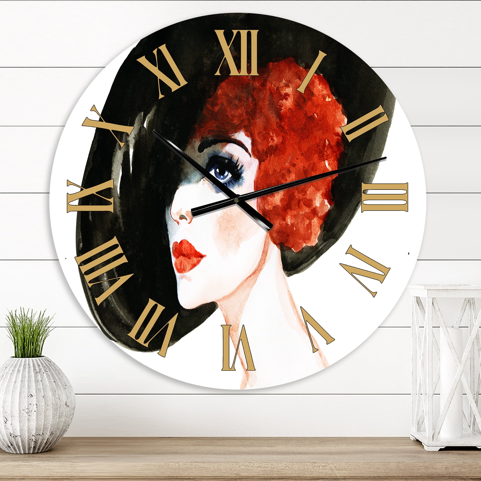 Designart 'Red Head Lady In Hat Portrait Of Woman' Modern Wall Clock