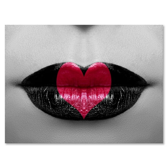 Designart ' Red Heart In Monochrome Lips ' Modern Canvas Wall Art Print