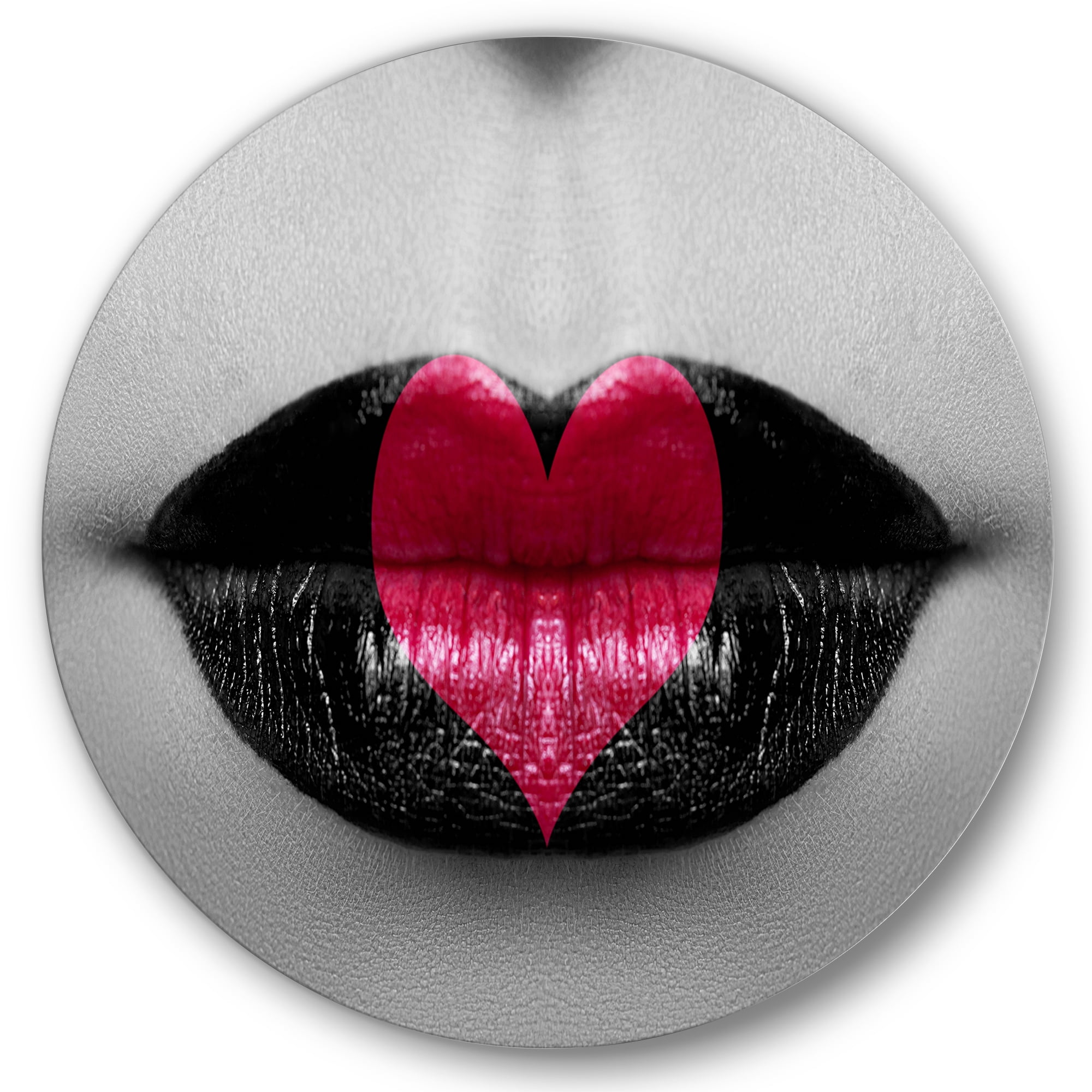 Designart 'Red Heart In Monochrome Lips' Modern Circle Metal Wall Art 29x29 - Disc of 29