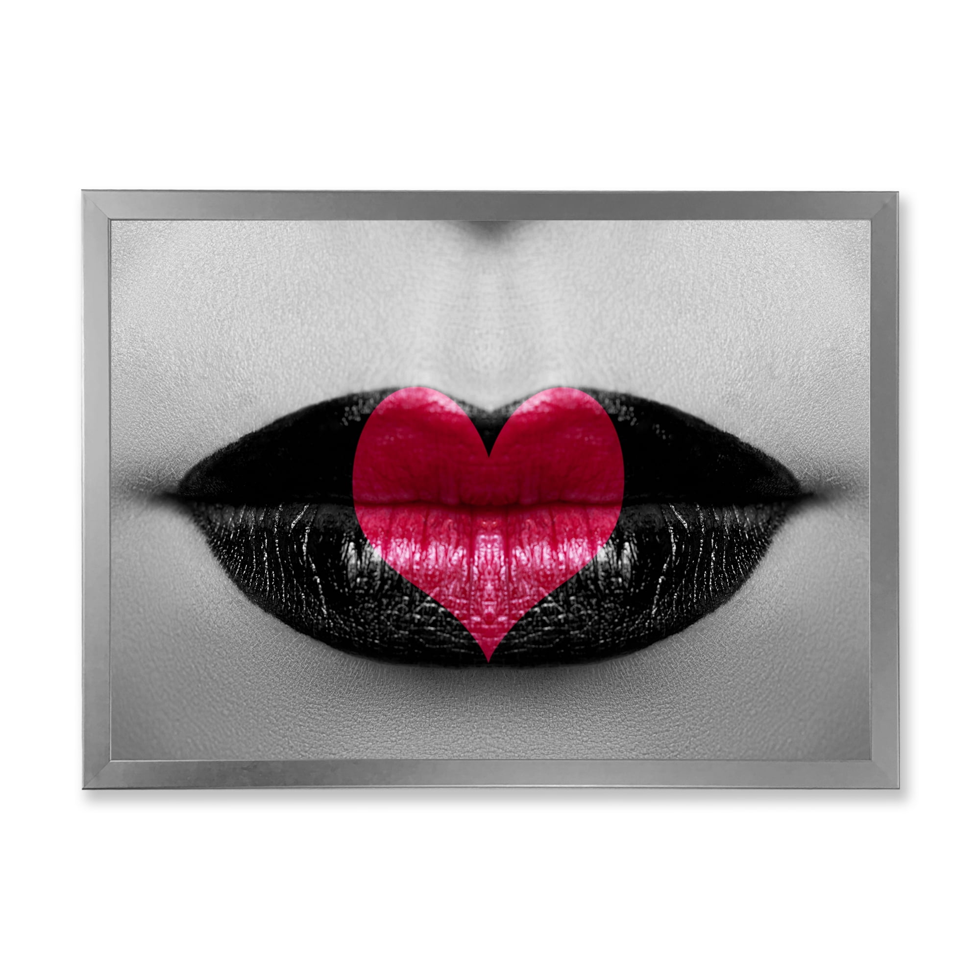 Designart 'Red Heart In Monochrome Lips' Modern Framed Art Print