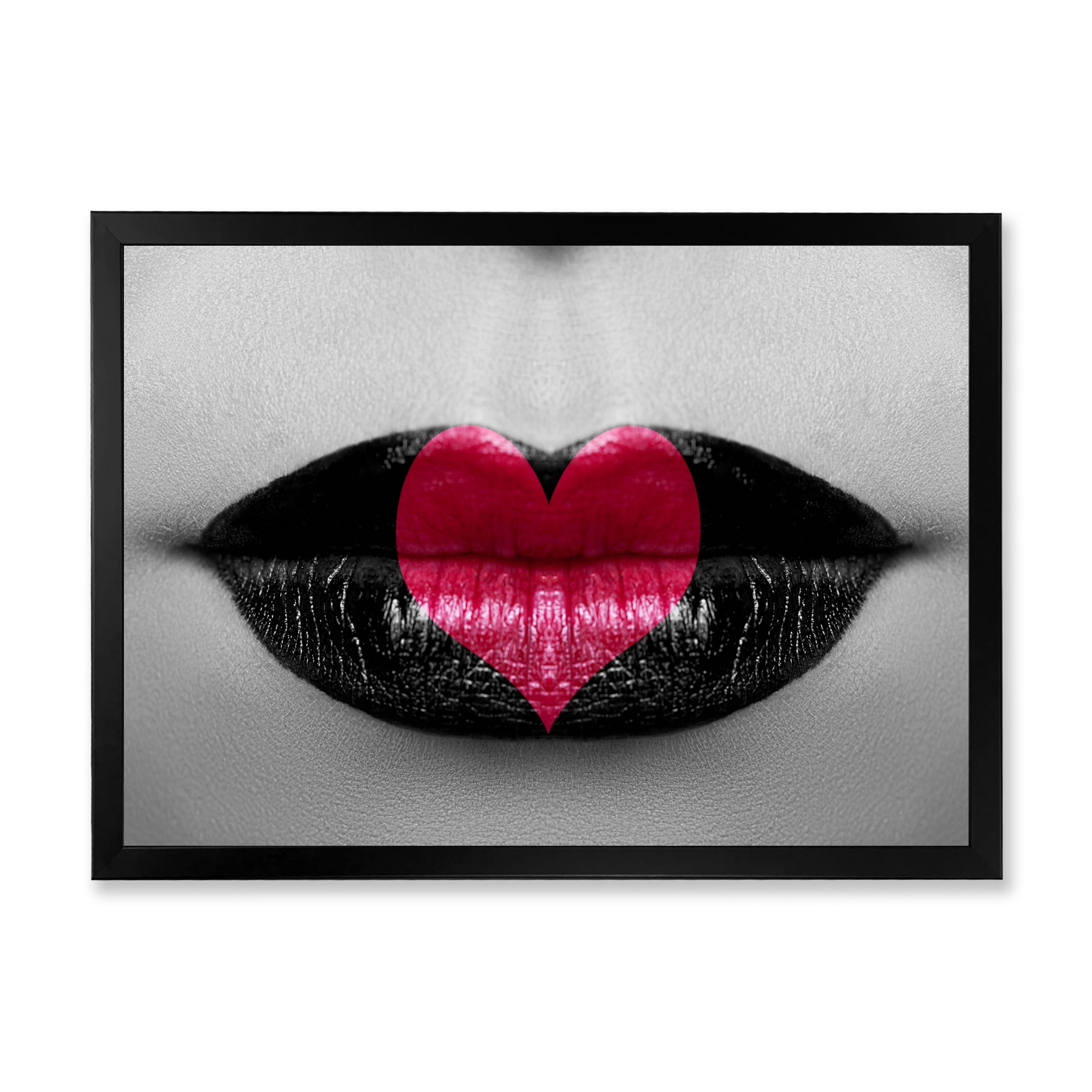 Designart 'Red Heart In Monochrome Lips' Modern Framed Art Print