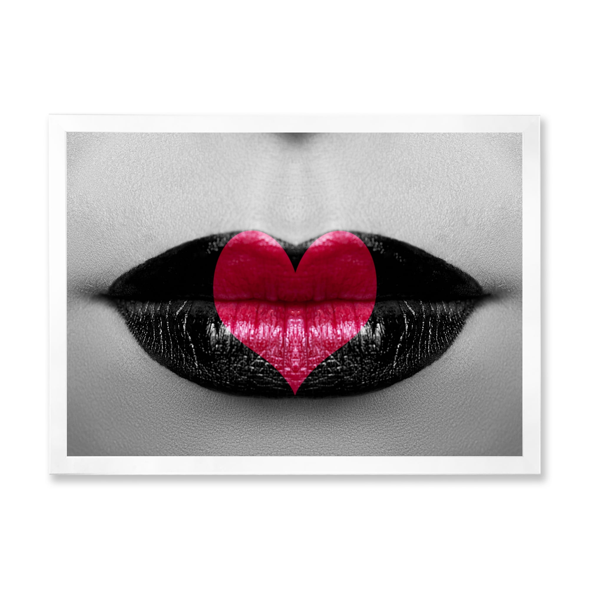 Designart 'Red Heart In Monochrome Lips' Modern Framed Art Print