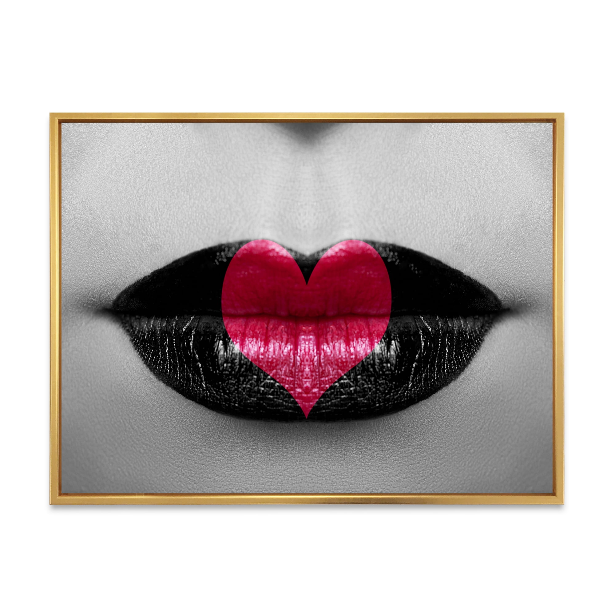 Designart 'Red Heart In Monochrome Lips' Modern Framed Canvas Wall Art Print