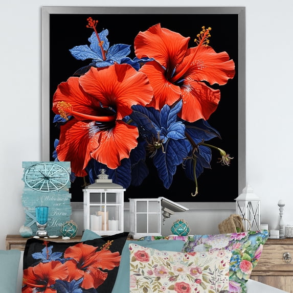Designart "Red Hibiscus with Tropical Radiance I" Floral Framed Wall Art Decor - Traditional Pink Hibiscus Living Room Framed Canvas Art