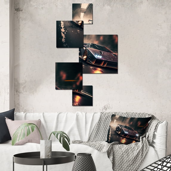 Designart "Red Italian Lambo Sports Car Racing In Urban Setting III" Cars Race Car Living Room Set