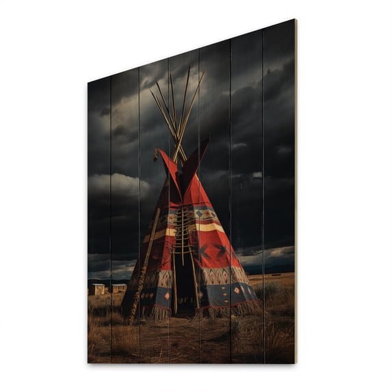 Designart "Red Journey Of The Tribes Native Tipi " Cityscapes Print on Natural Pine Wood