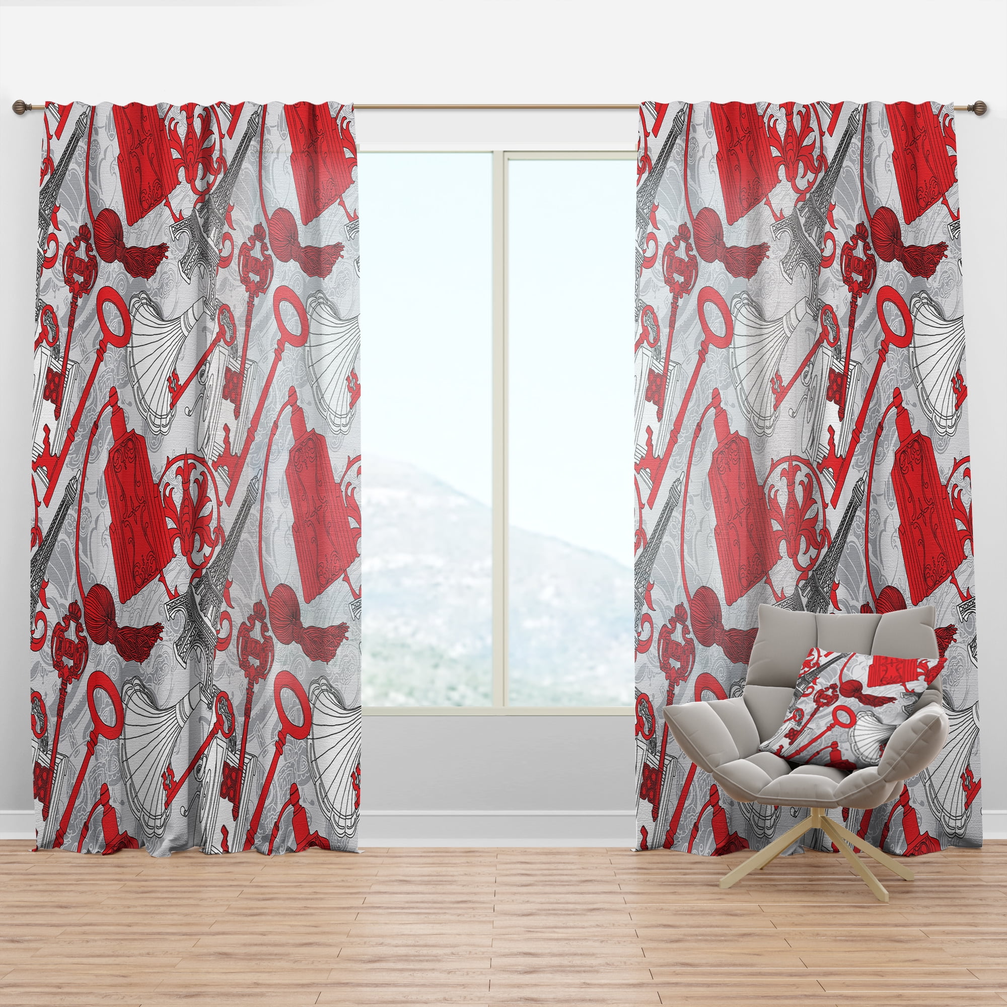 Designart 'Red Keys With Paris Eiffel Tower' Cityscapes Curtain Panel