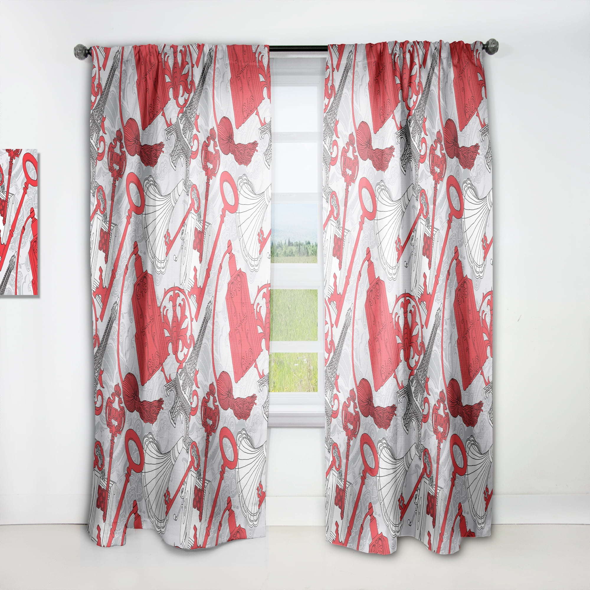 Designart 'Red Keys With Paris Eiffel Tower' Cityscapes Curtain Panel