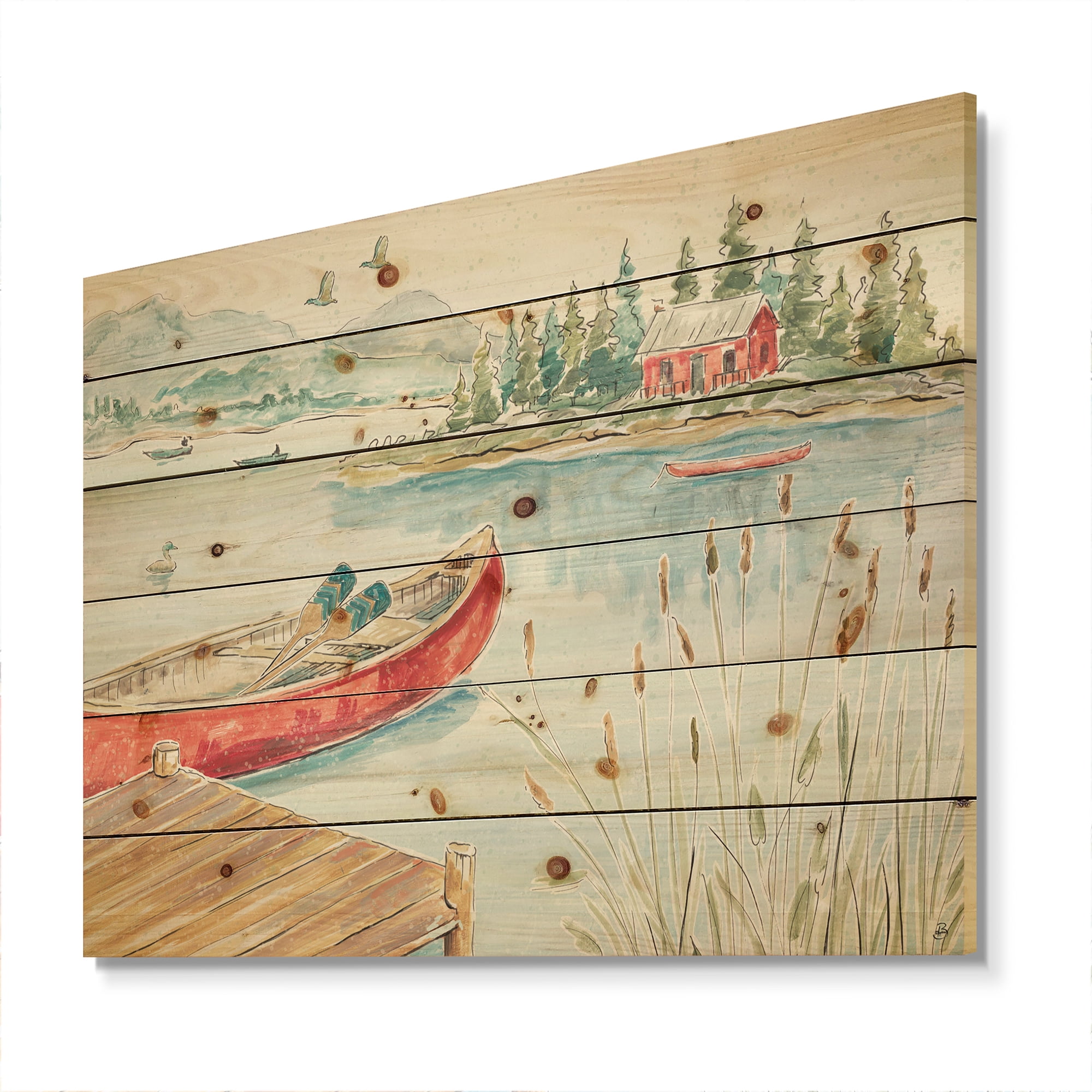 Designart 'Red Lake House and Canoes I' Lake House Print on Natural Pine Wood