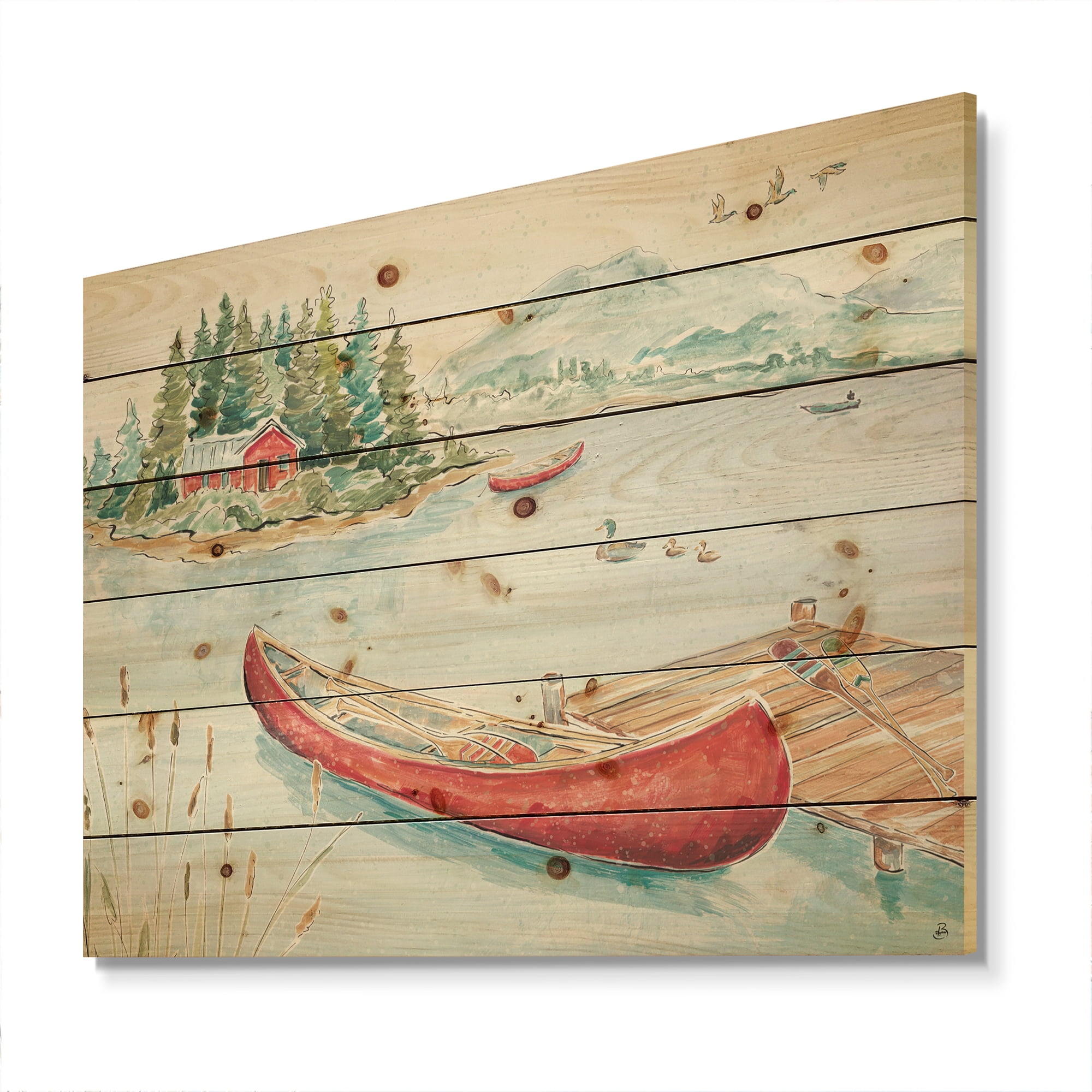 Designart 'Red Lake House and Canoes II' Lake House Print on Natural Pine Wood
