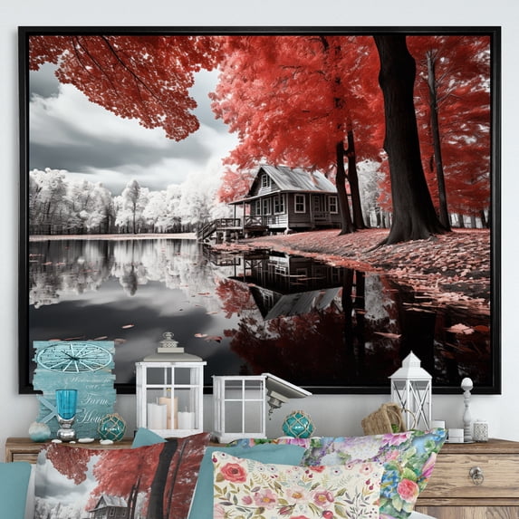 Designart "Red Lake Red Lakeside I" Lake House Cottage Floater Framed Canvas Wall Art
