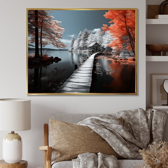 Designart "Red Lake Red Lakeside II" Lake House Cottage Floater Framed Canvas Print