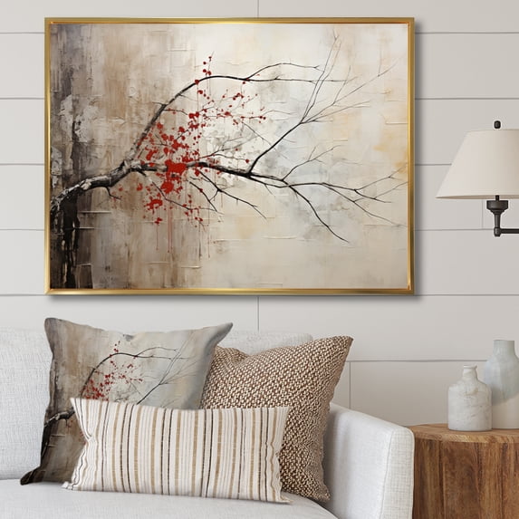 Designart "Red Leafs Tree Of Grey II" Floral Floater Framed Wall Art Print