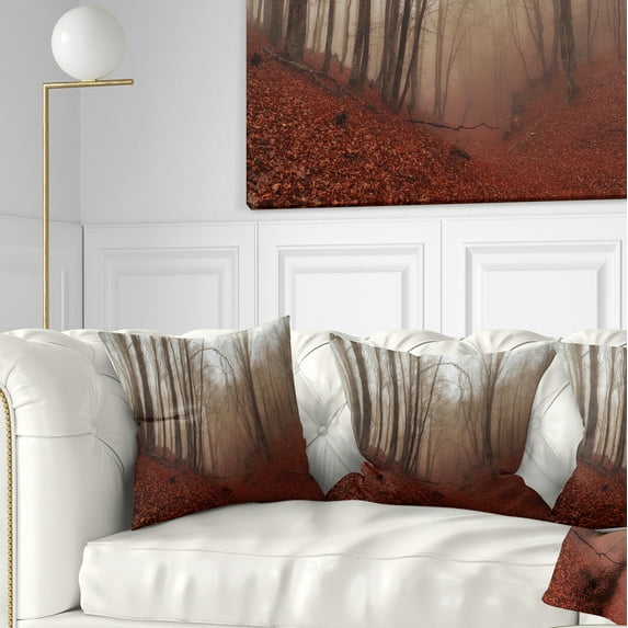 Designart Red Leaves in Foggy Fall Forest - Landscape Photography Throw Pillow - 16x16