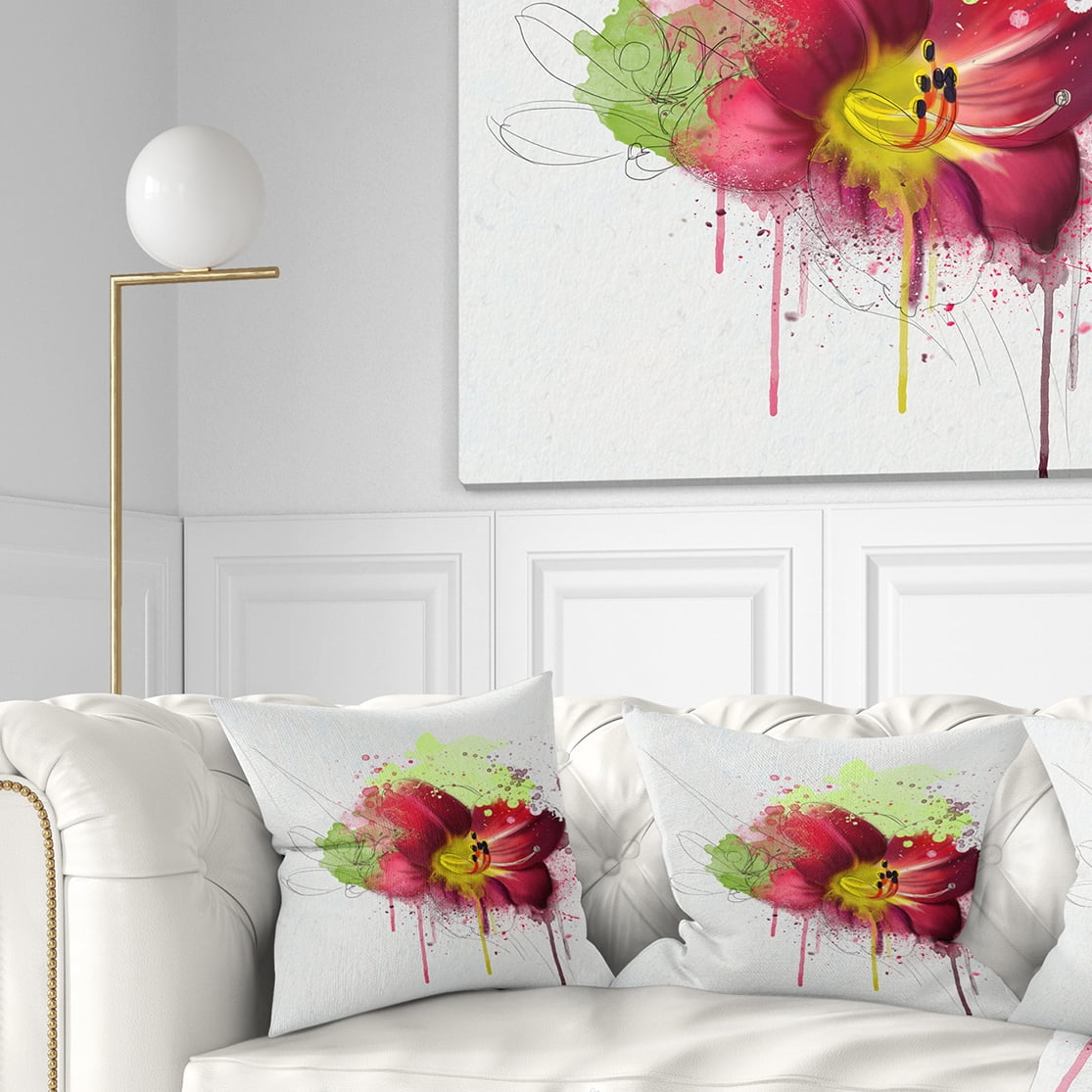 Designart Red Lily with Green Paint Splashes - Floral Throw Pillow - 18x18
