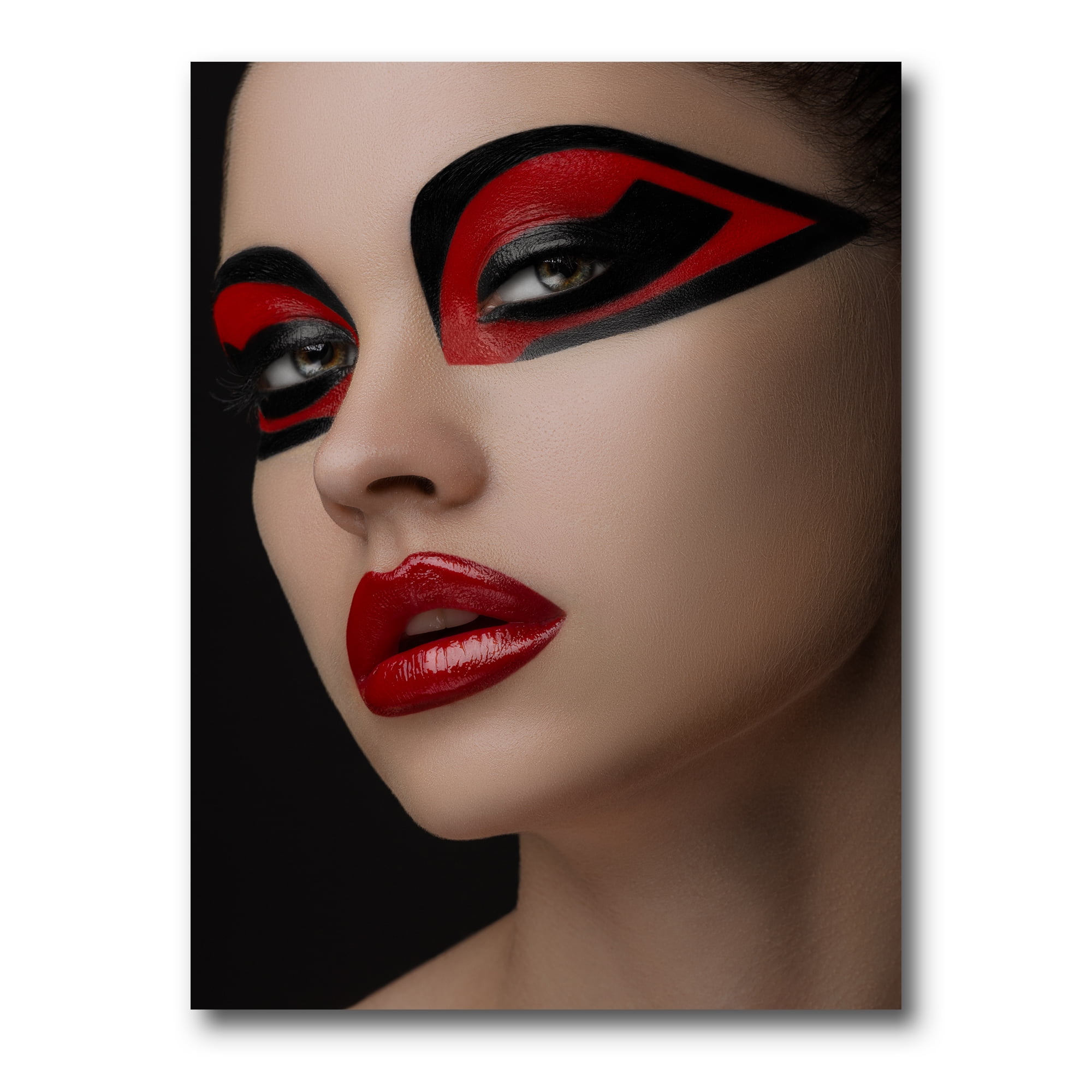 Designart ' Red Lips Black Makeup On The Eyes of Mask Girl ' Modern Canvas Wall Art Print