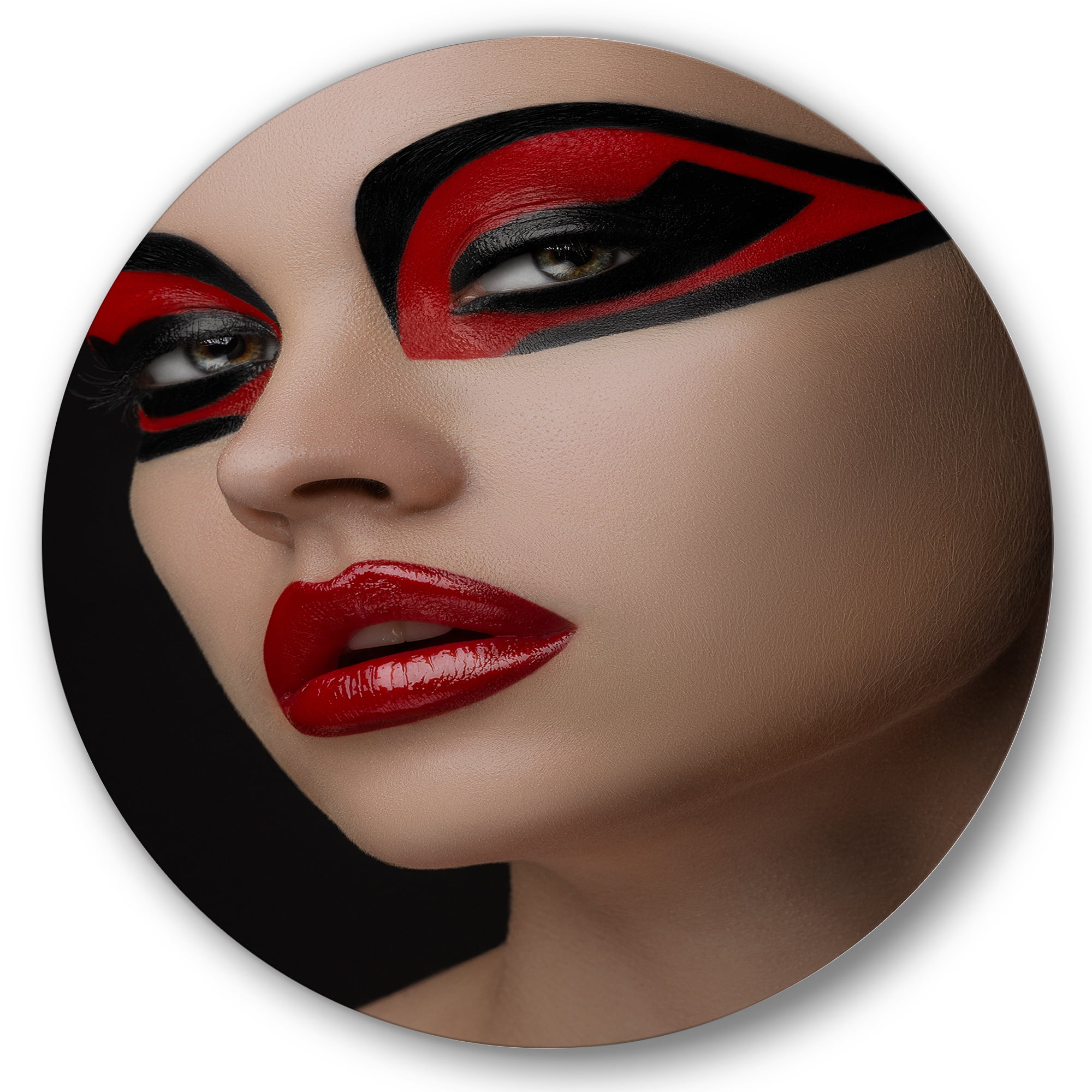 Designart 'Red Lips Black Makeup On The Eyes of Mask Girl' Modern Circle Metal Wall Art 36x36 - Disc of 36