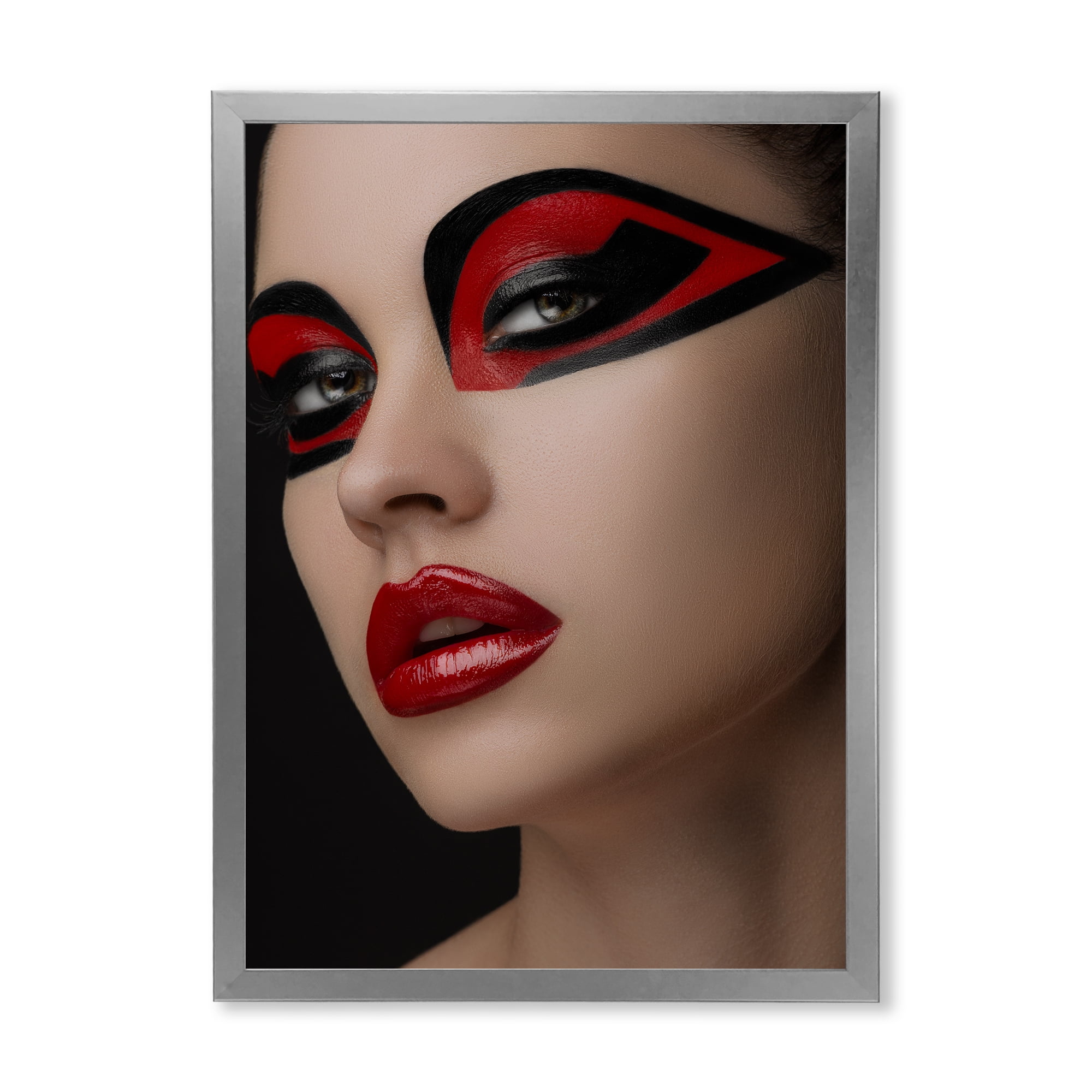 Designart 'Red Lips Black Makeup On The Eyes of Mask Girl' Modern Framed Art Print