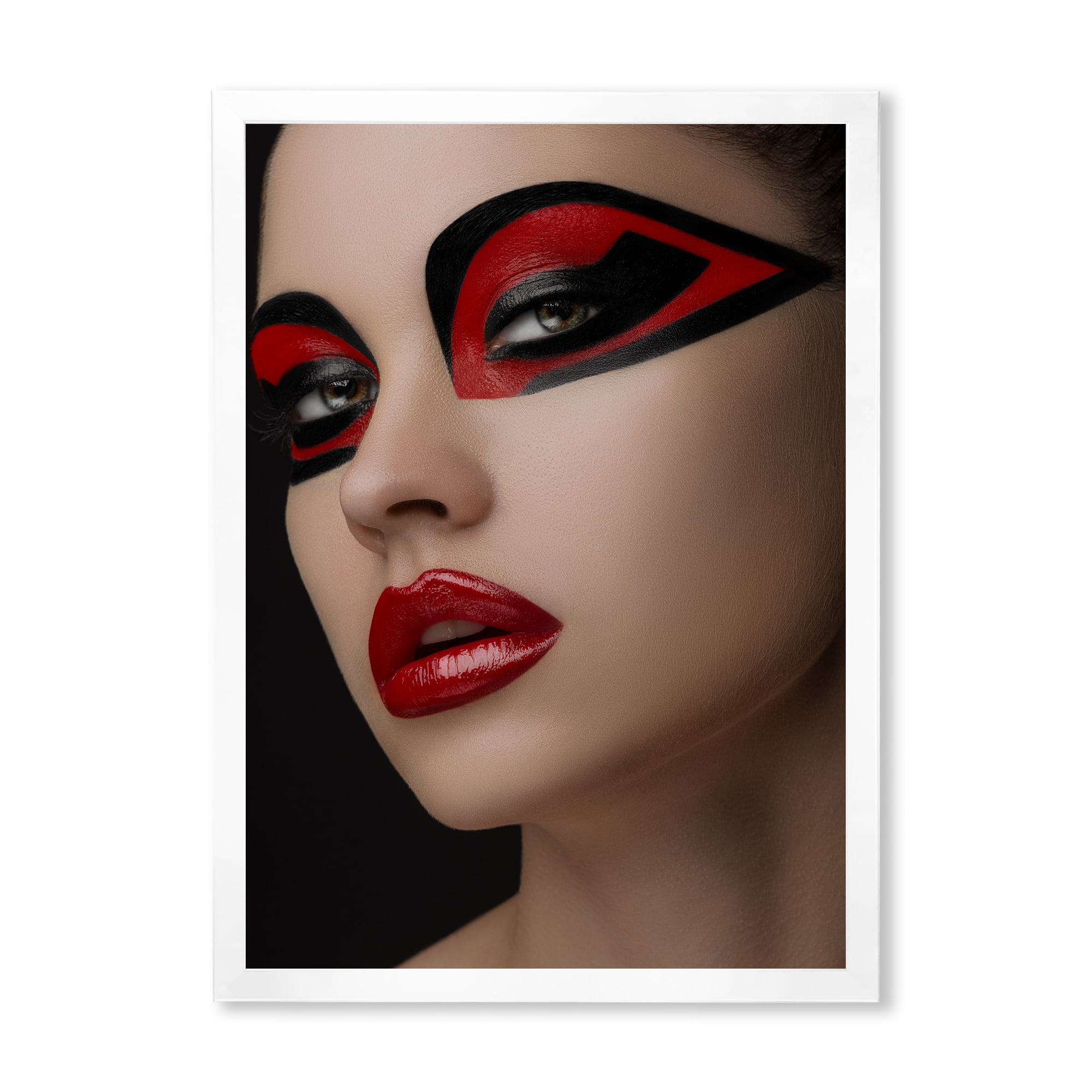 Designart 'Red Lips Black Makeup On The Eyes of Mask Girl' Modern Framed Art Print