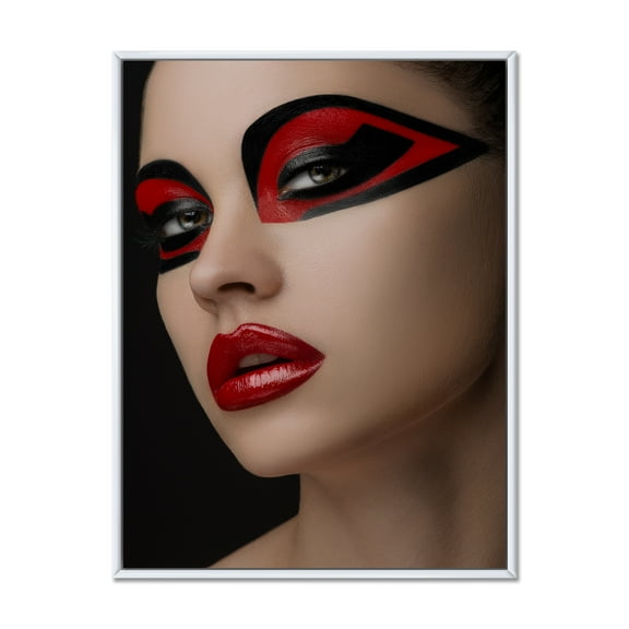 Designart 'Red Lips Black Makeup On The Eyes of Mask Girl' Modern Framed Canvas Wall Art Print