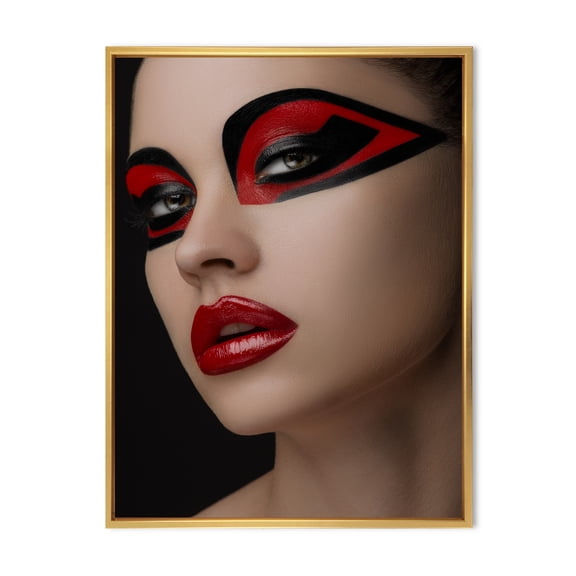 Designart 'Red Lips Black Makeup On The Eyes of Mask Girl' Modern Framed Canvas Wall Art Print