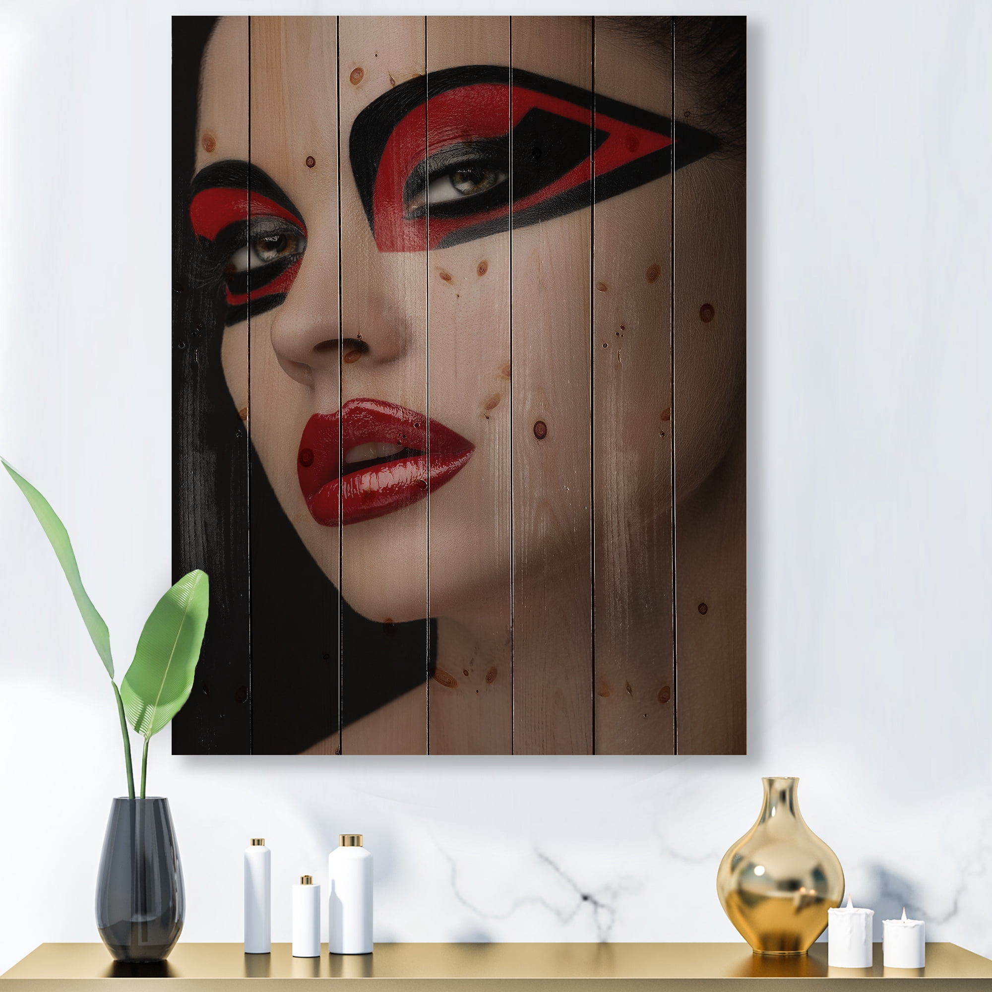Designart 'Red Lips Black Makeup On The Eyes of Mask Girl' Modern Print on Natural Pine Wood