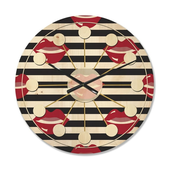 Designart 'Red Lips Fashion Horizantal Pattern' Mid-Century Modern Wood Wall Clock