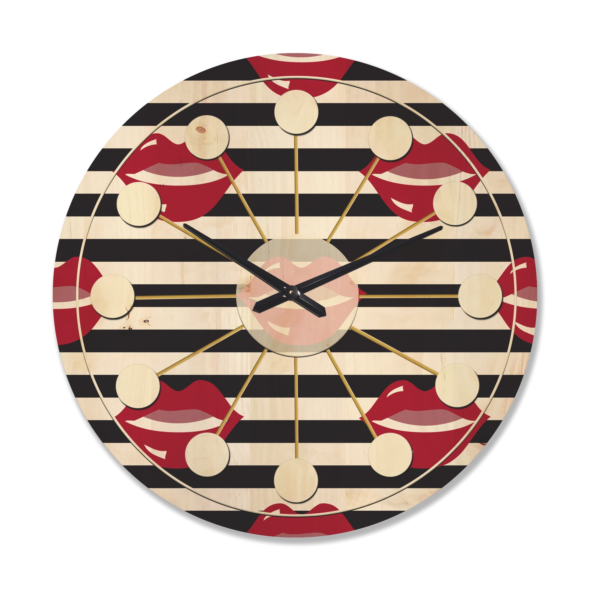 Designart 'Red Lips Fashion Horizantal Pattern' Mid-Century Modern Wood Wall Clock