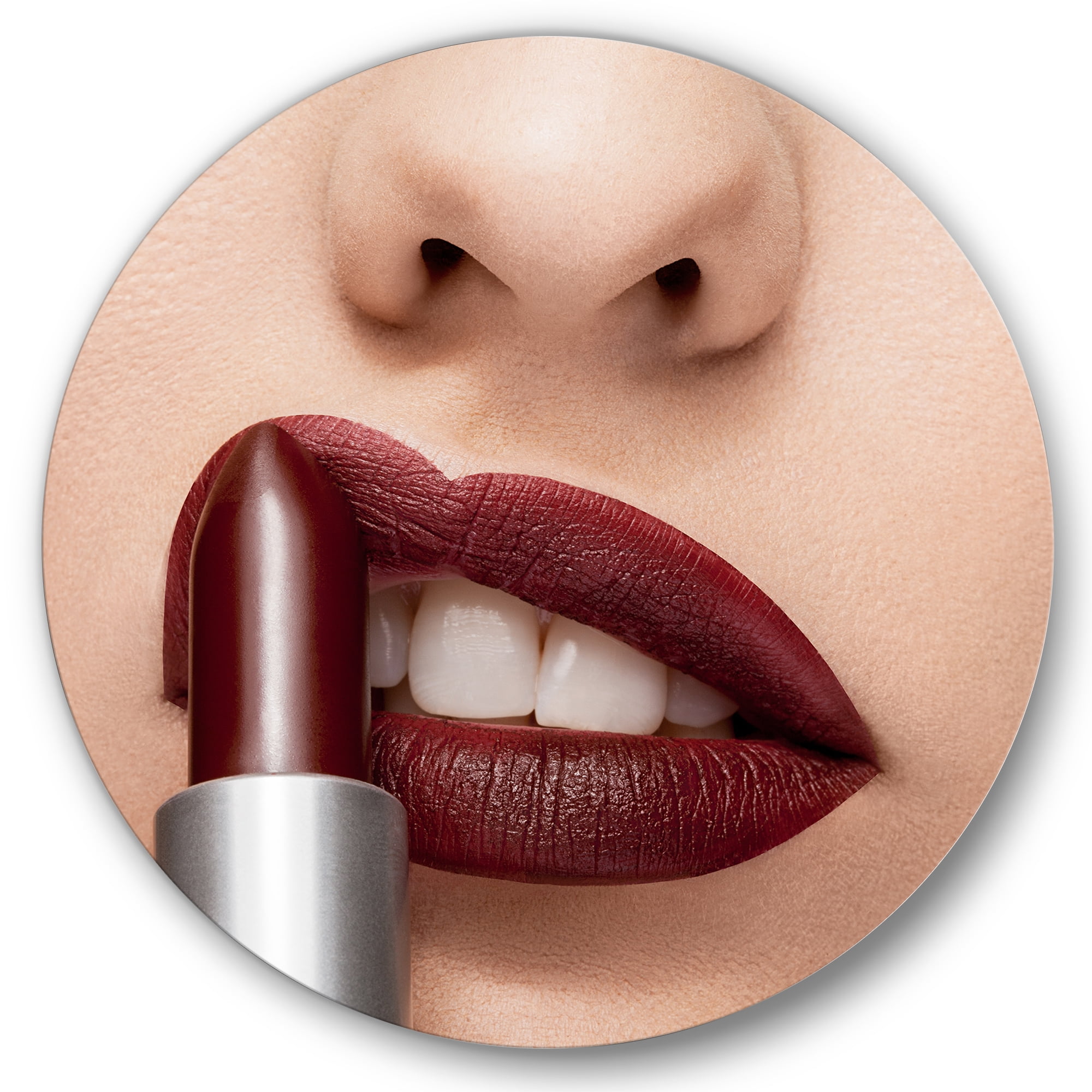 Designart 'Red Lipstick Getting Applyed On Woman Lips' Modern Circle Metal Wall Art 29x29 - Disc of 29