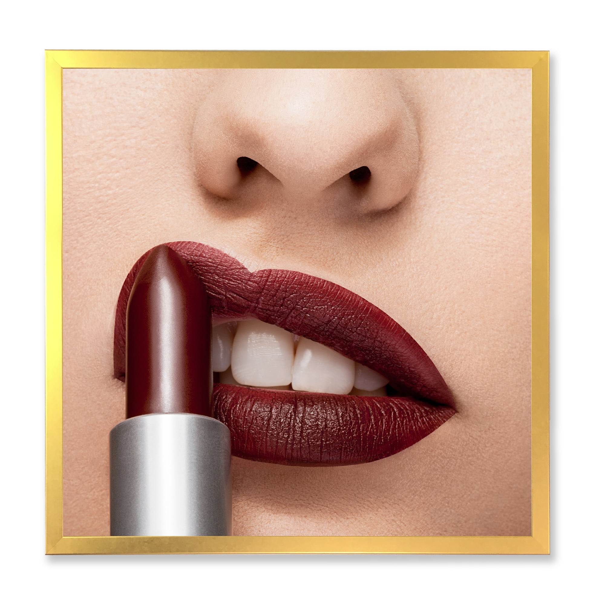 Designart 'Red Lipstick Getting Applyed On Woman Lips' Modern Framed Art Print